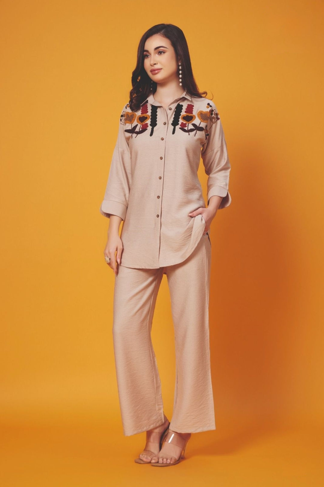 Beige Woolen thread work  Imported Linen Coord Set 1031-10139