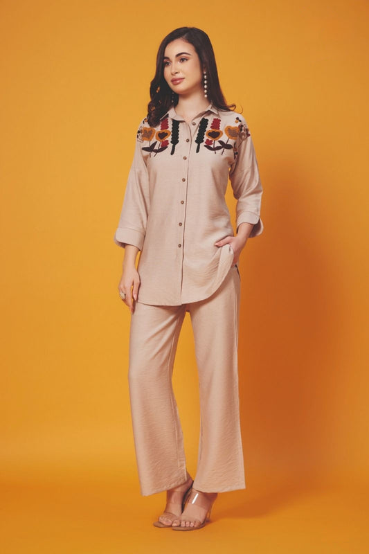 Beige Woolen thread work  Imported Linen Coord Set 1031-10139