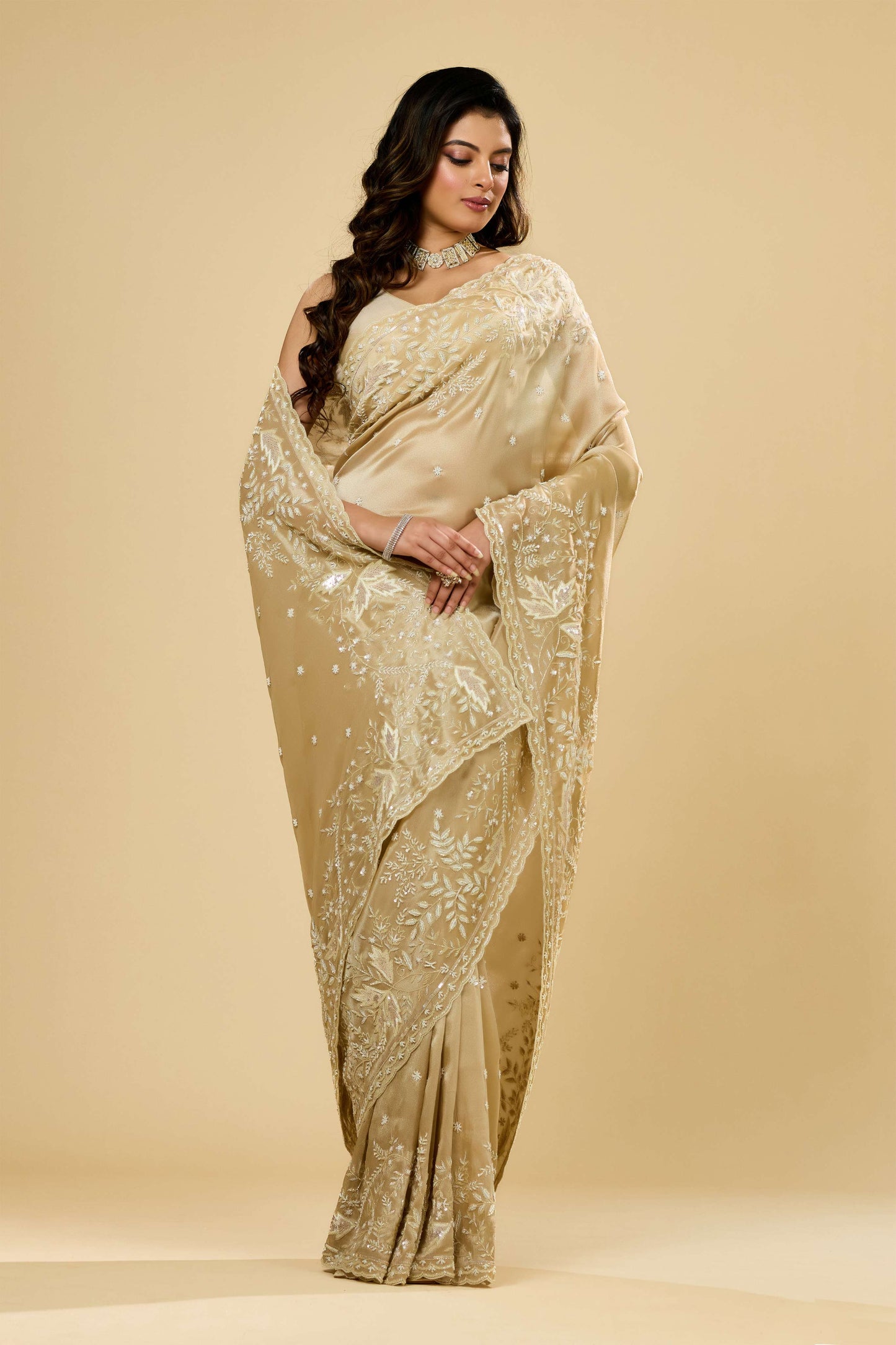 Beige Boolean work Tissue Sarees 1007-10003