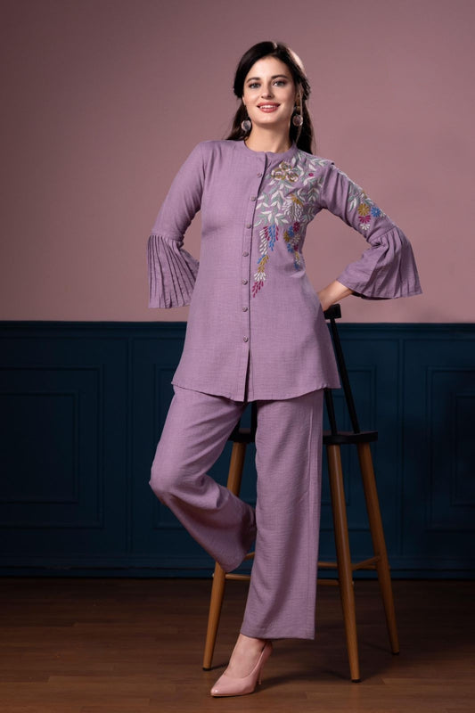 Purple Resham work Imported Linen Coord Set 1031-10141