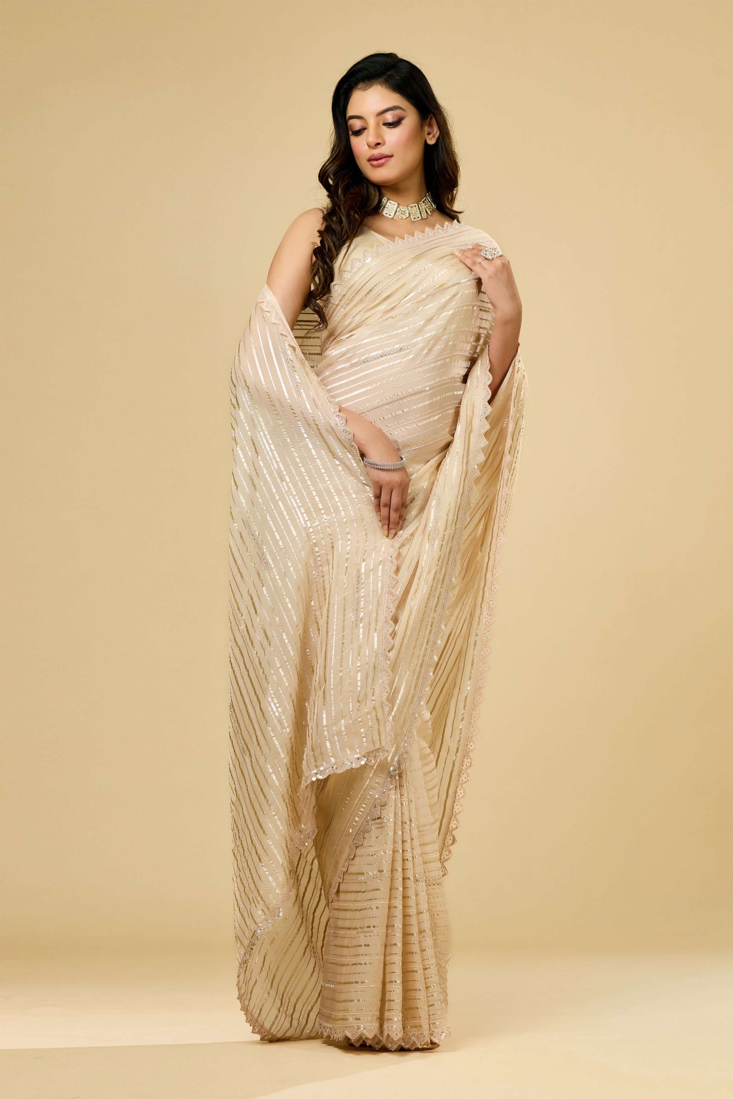 Beige sequins Organza Sarees 1011-10034