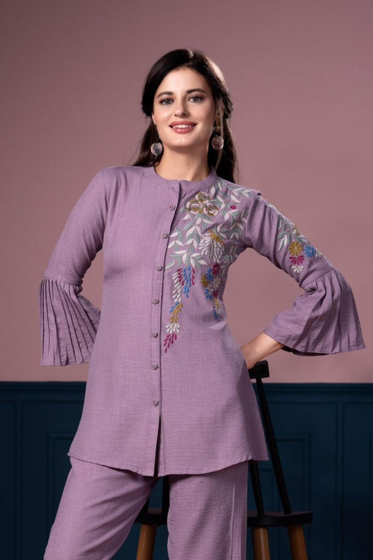 Purple Resham work Imported Linen Coord Set 1031-10141