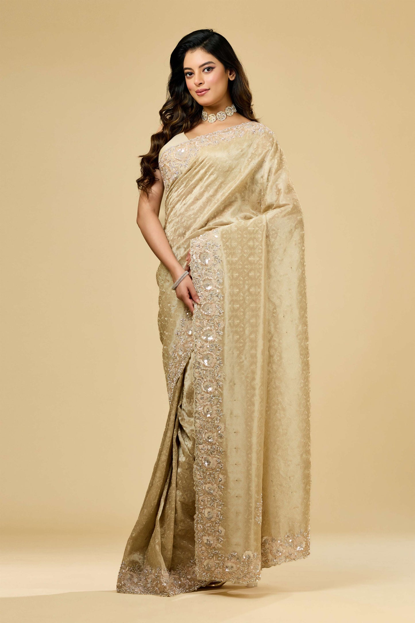 Beige Embroidery Tissue Sarees 1007-10014