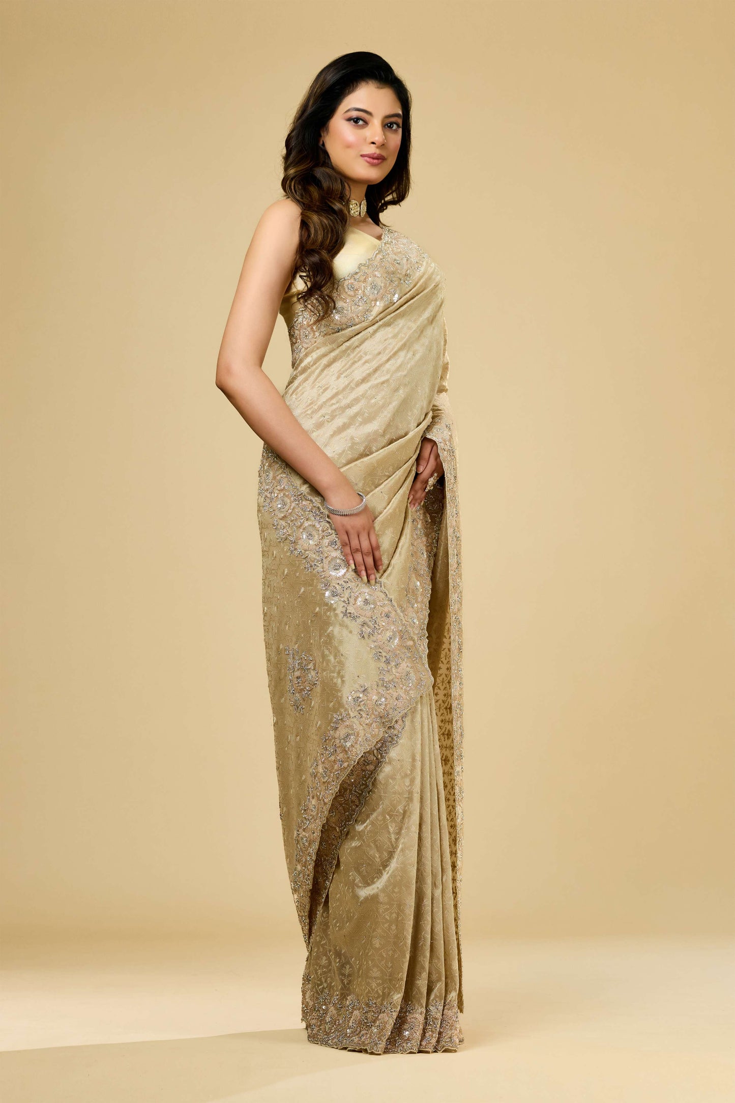 Beige Embroidery Tissue Sarees 1007-10014