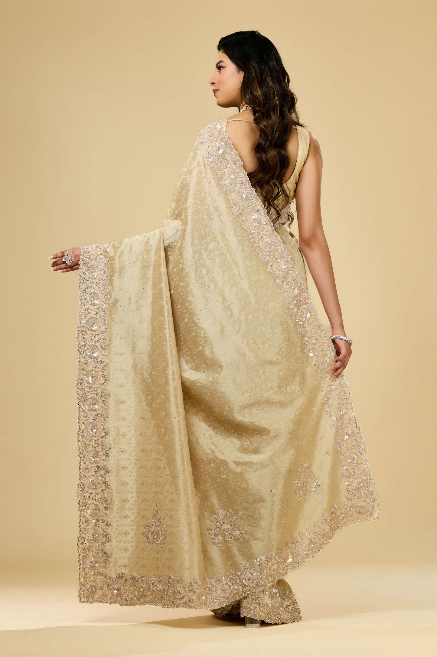 Beige Embroidery Tissue Sarees 1007-10014