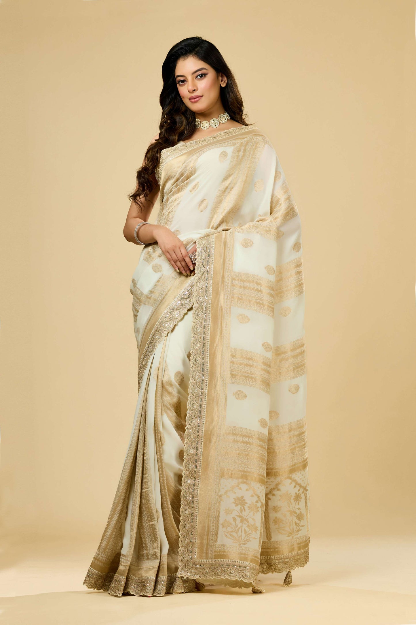 Cream Golden Zari weave Georgette Sarees 1011-10028