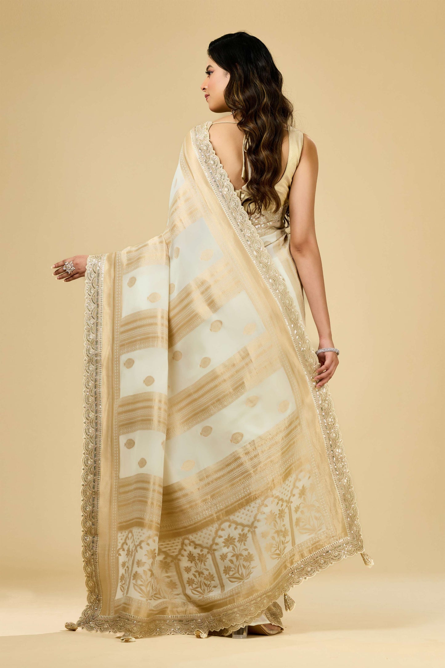 Cream Golden Zari weave Georgette Sarees 1011-10028