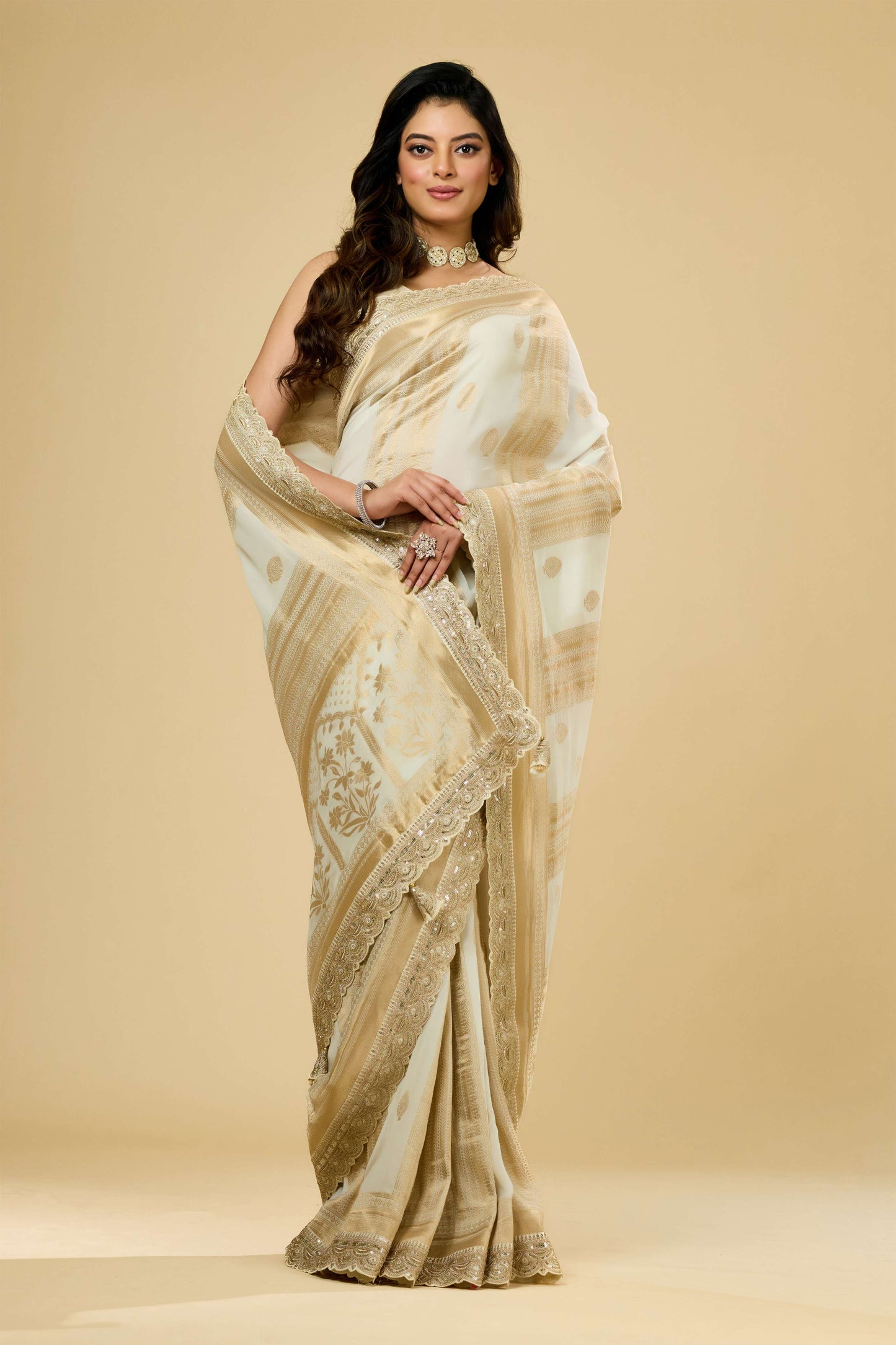 Cream Golden Zari weave Georgette Sarees 1011-10028