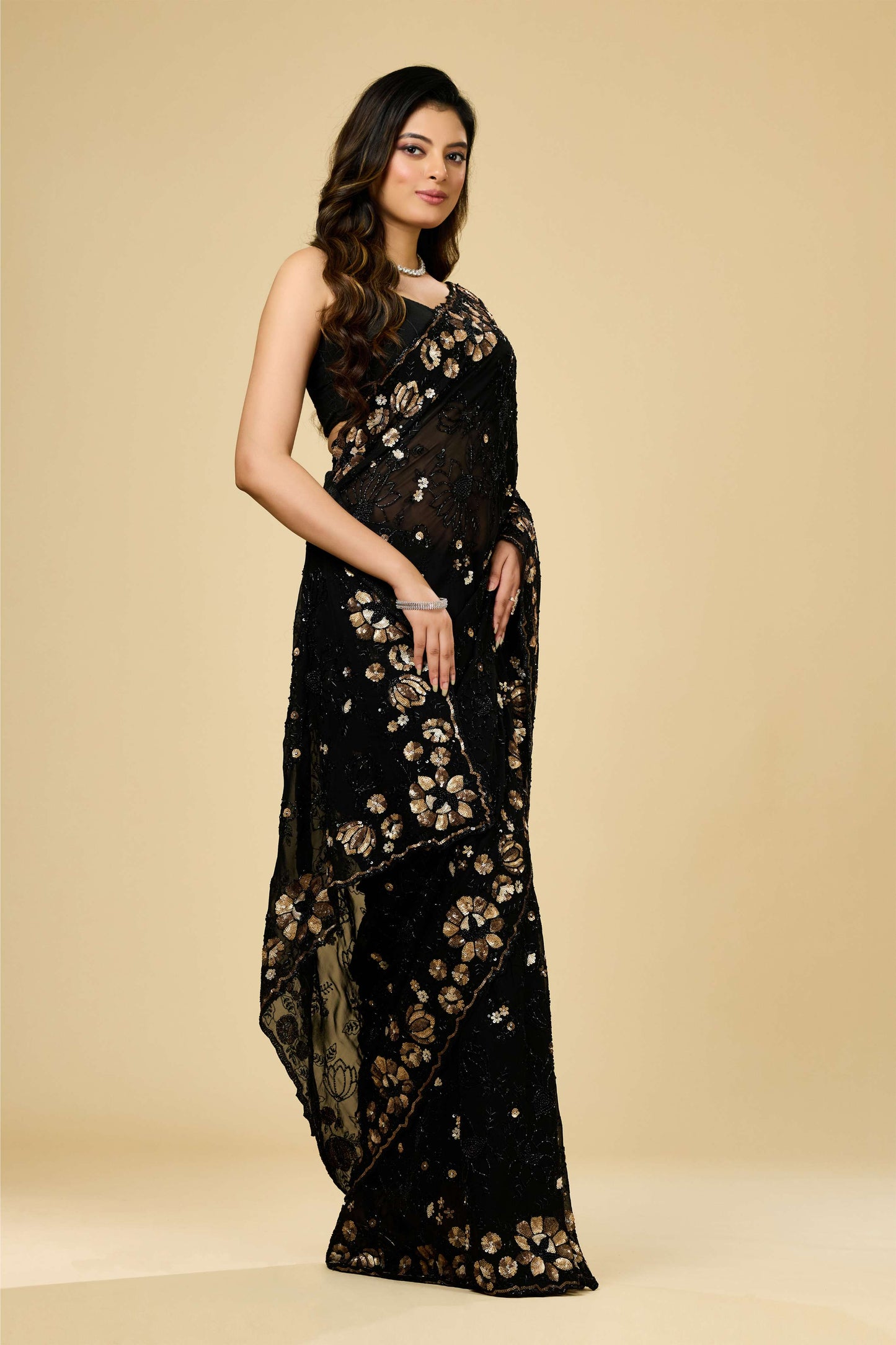 Black sequins Georgette Sarees 1007-10012