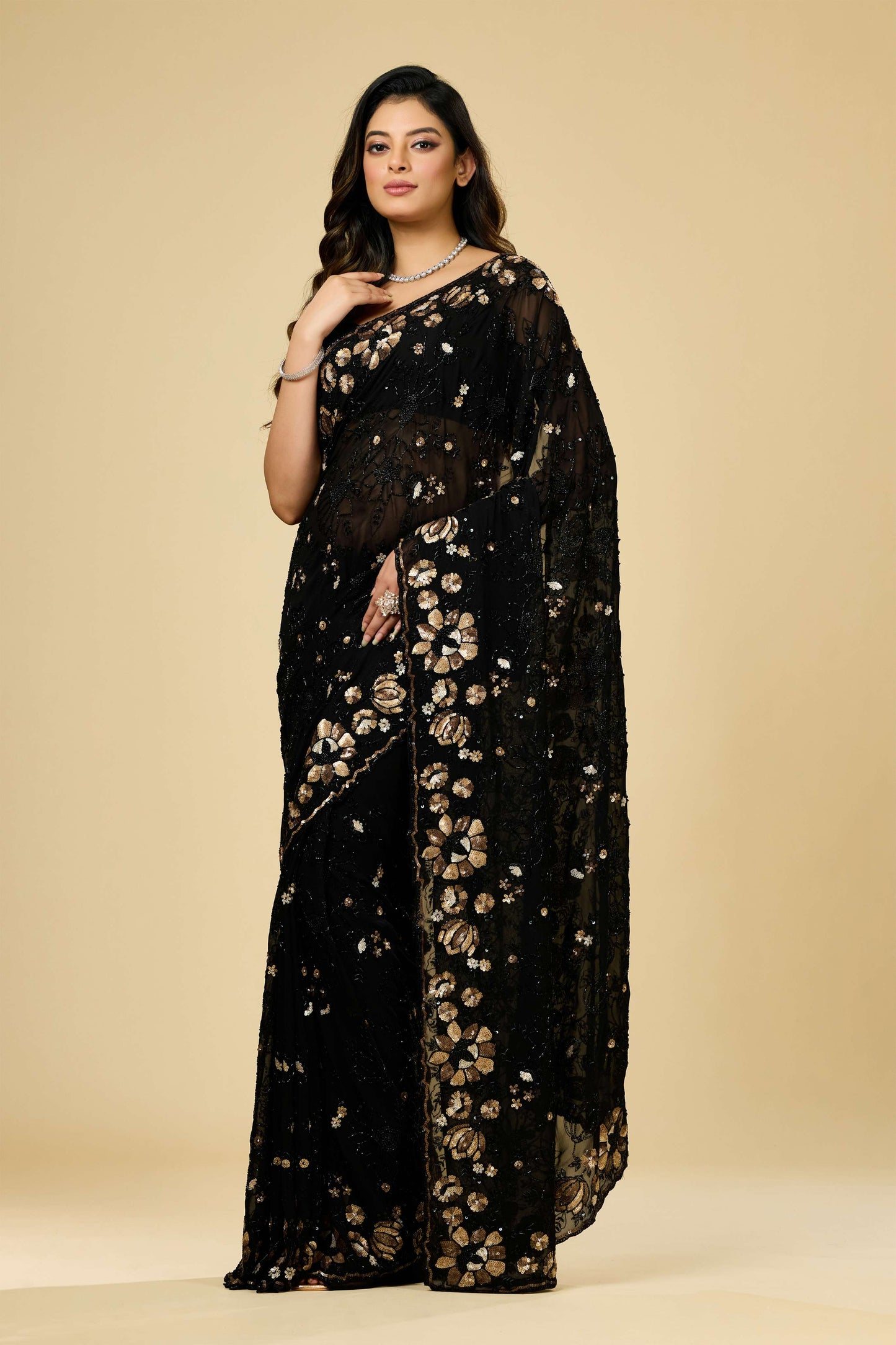 Black sequins Georgette Sarees 1007-10012