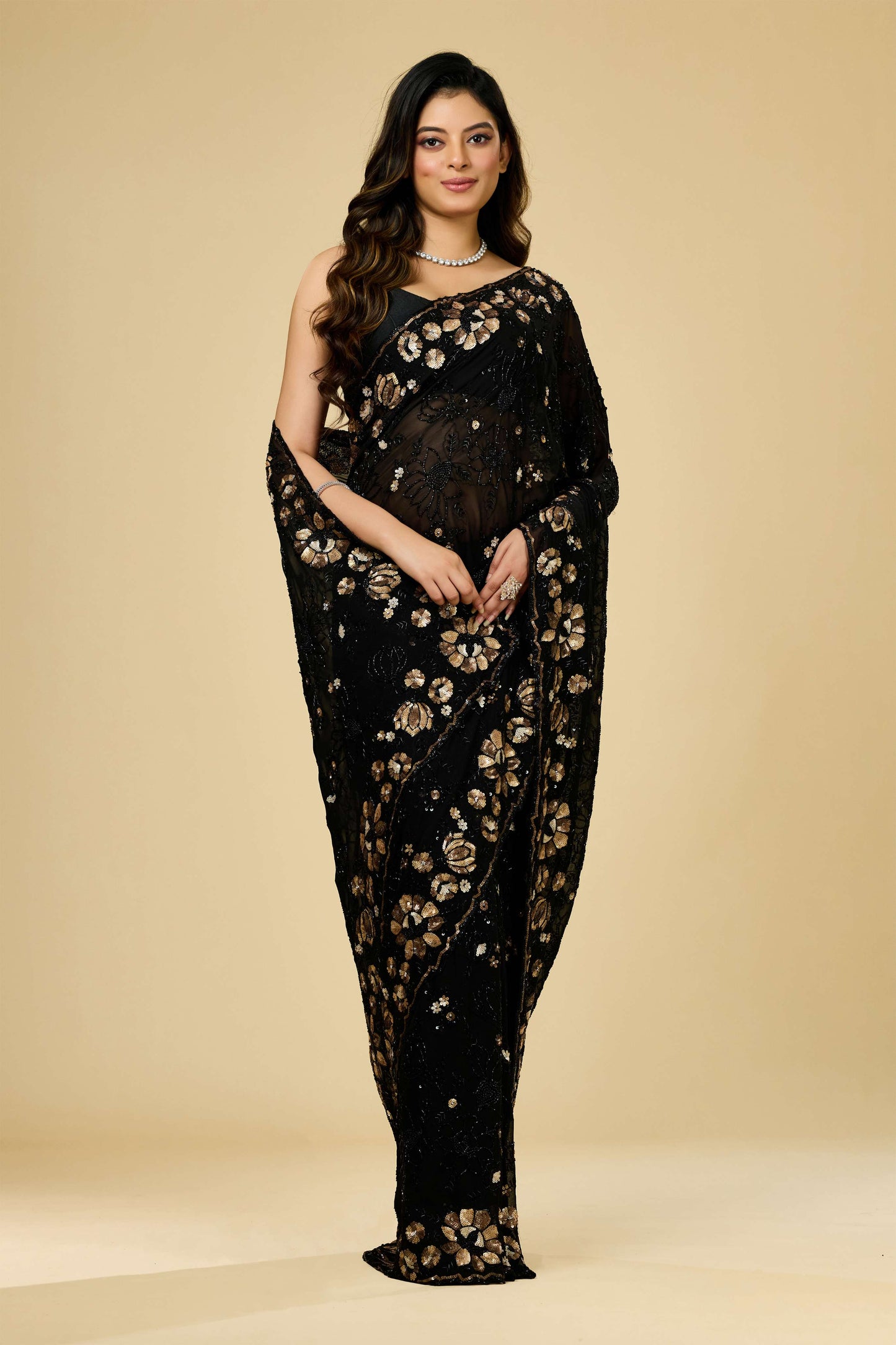 Black sequins Georgette Sarees 1007-10012
