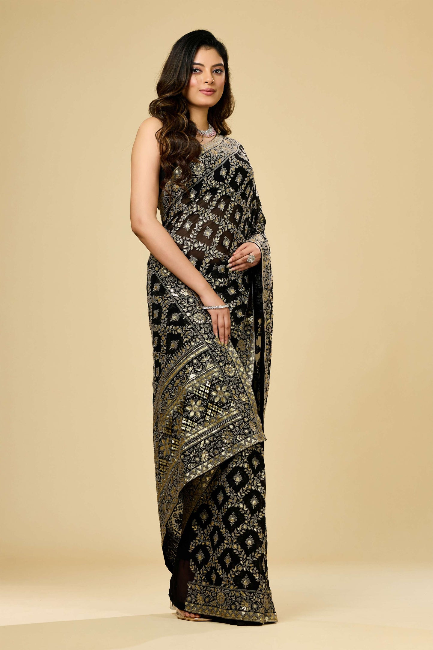 Black Lucknowi Georgette Sarees 1007-10013
