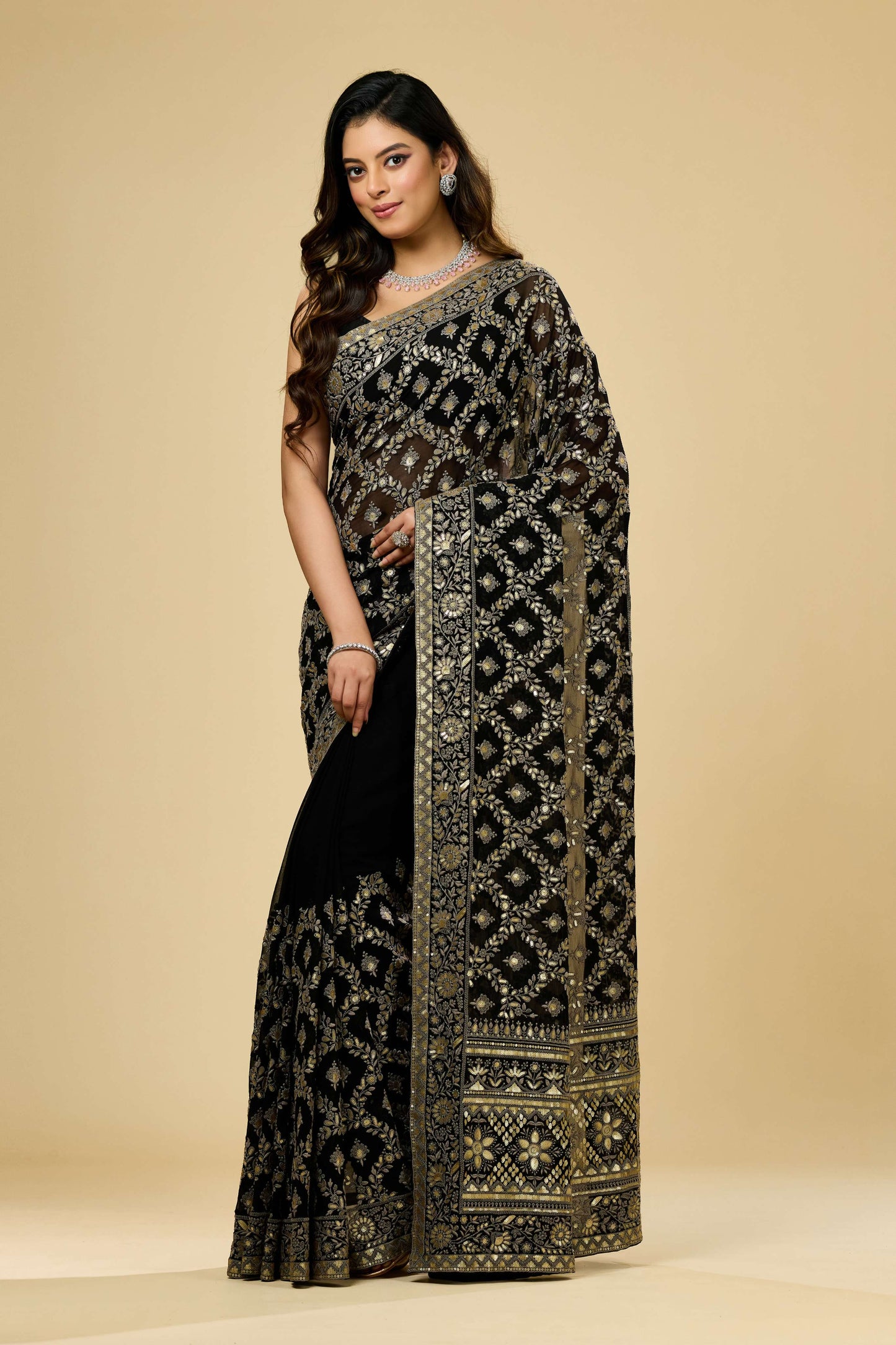 Black Lucknowi Georgette Sarees 1007-10013