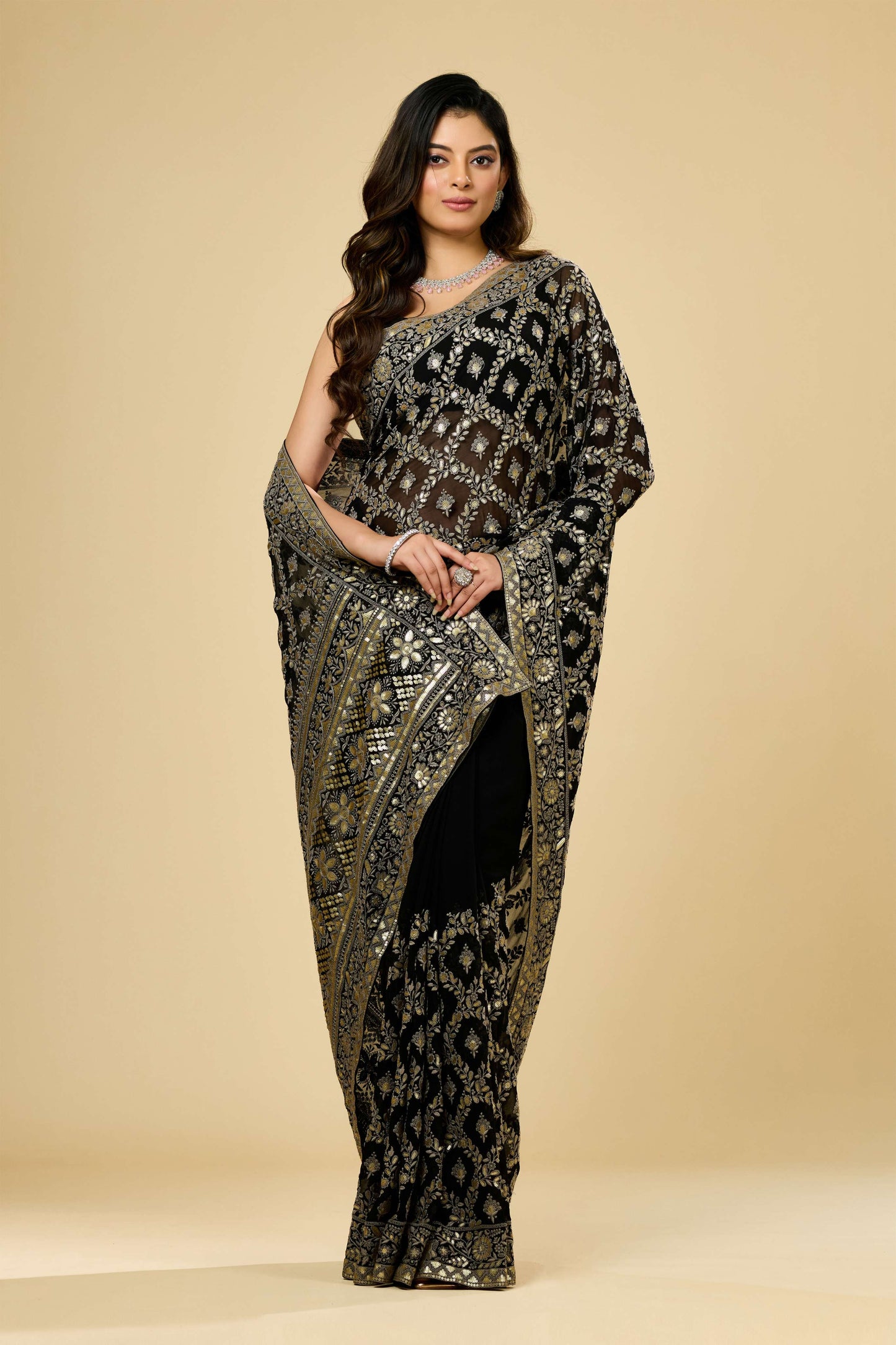 Black Lucknowi Georgette Sarees 1007-10013