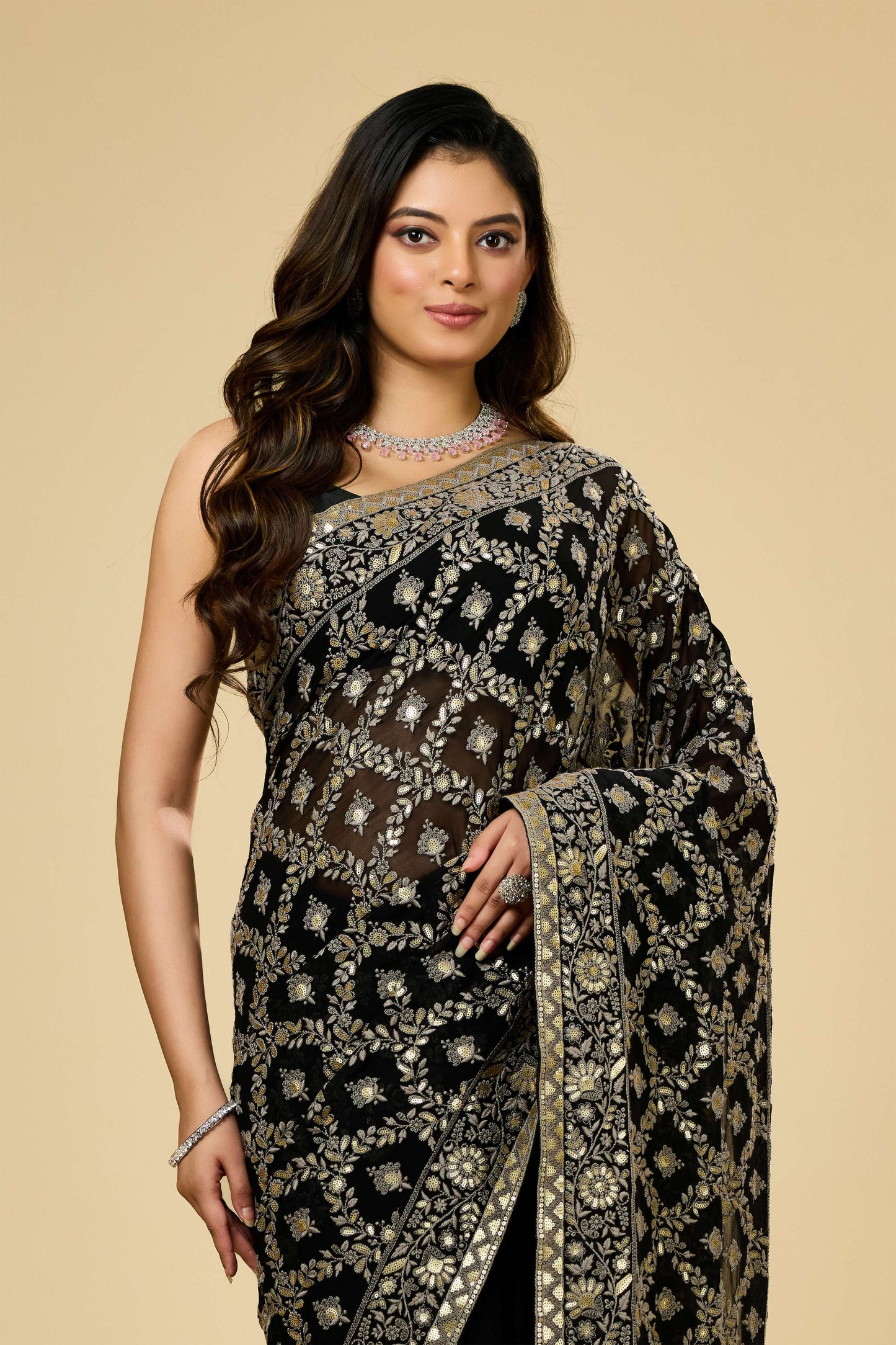 Black Lucknowi Georgette Sarees 1007-10013