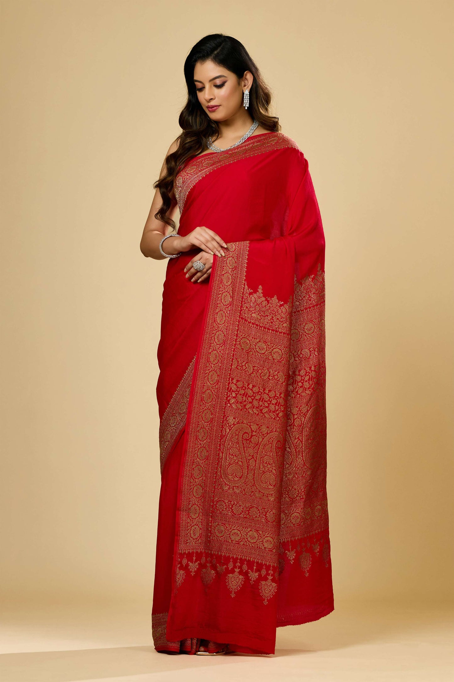 Red Antique Zari weave Khadi semi crepe Sarees 1010-10027
