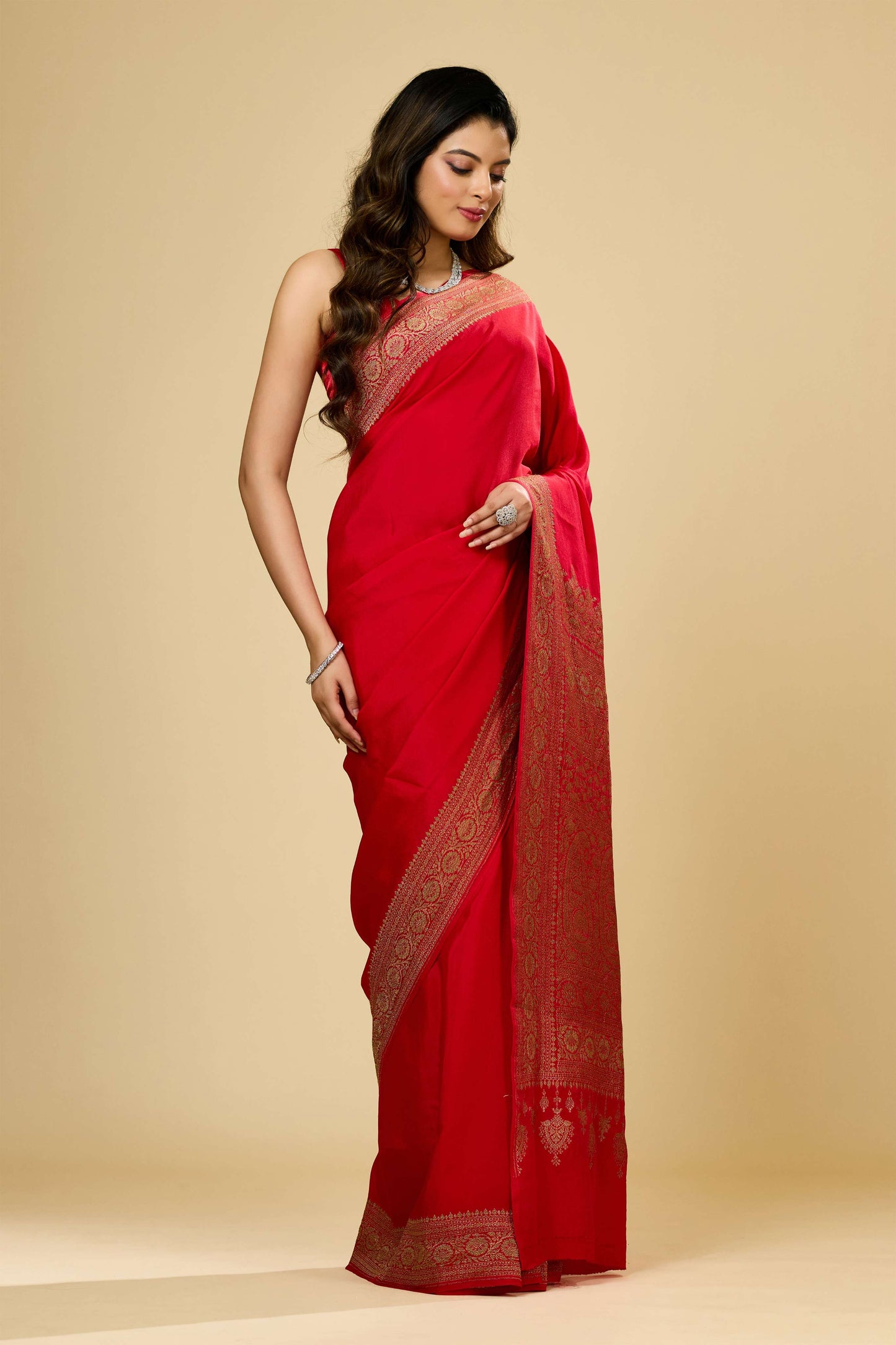 Red Antique Zari weave Khadi semi crepe Sarees 1010-10027