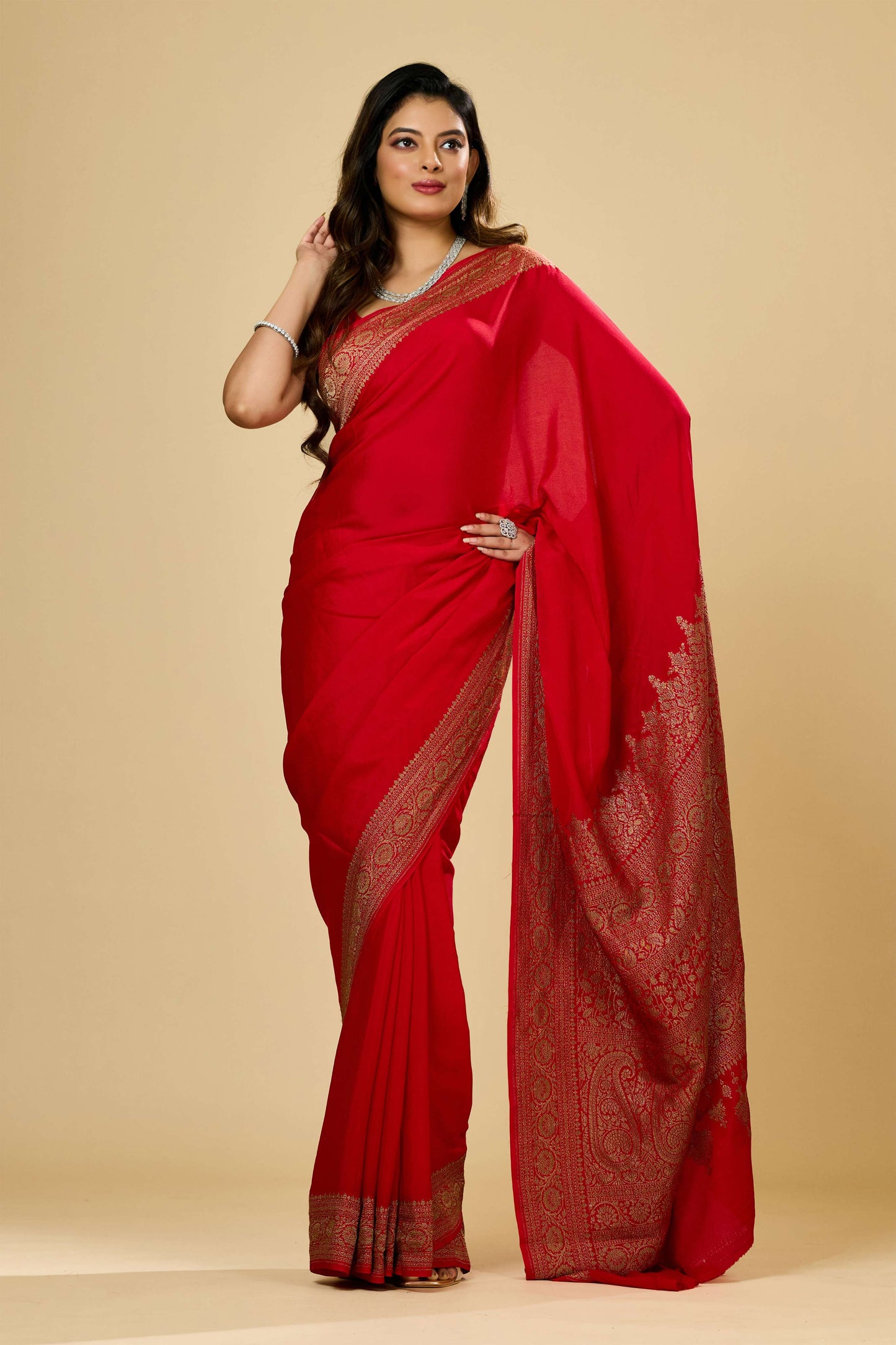 Red Antique Zari weave Khadi semi crepe Sarees 1010-10027