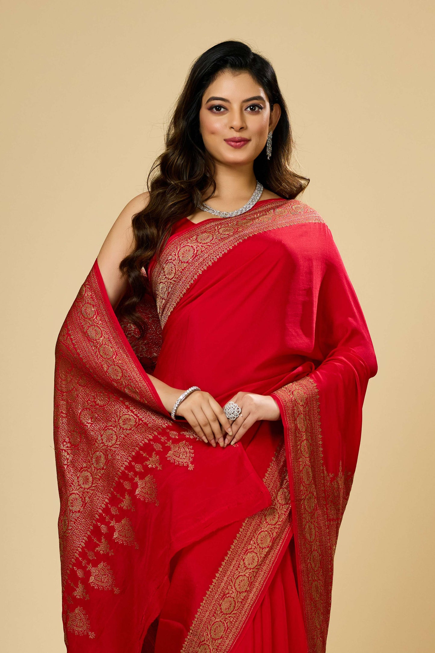 Red Antique Zari weave Khadi semi crepe Sarees 1010-10027