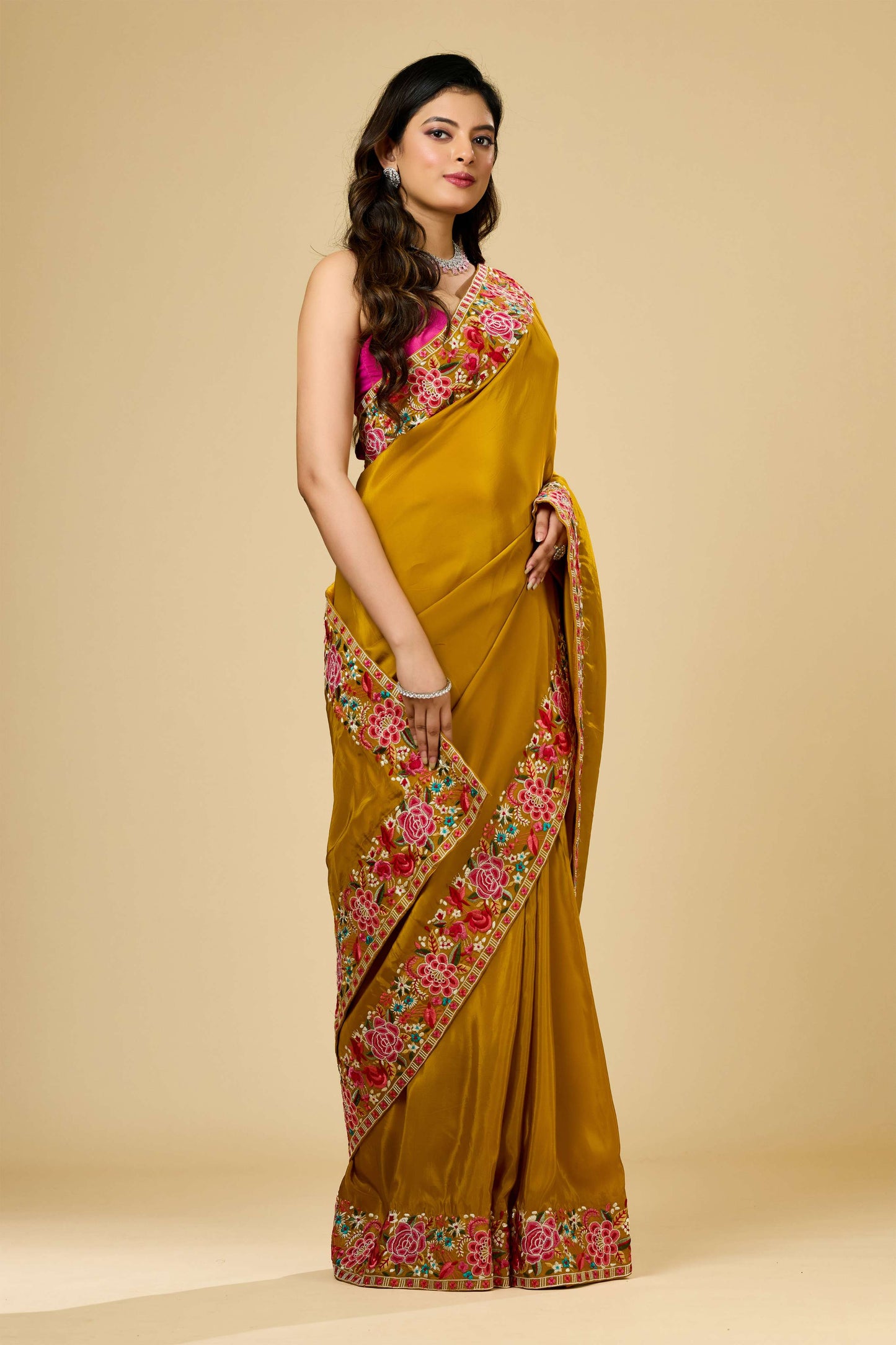 Yellow Embroidery Semi crepe Sarees 1007-10011