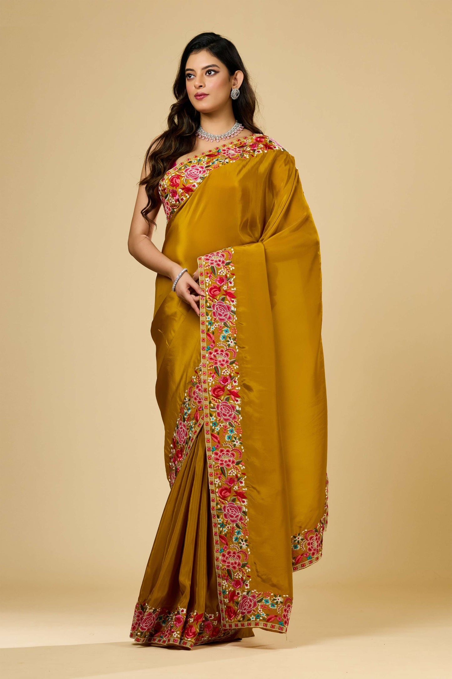 Yellow Embroidery Semi crepe Sarees 1007-10011
