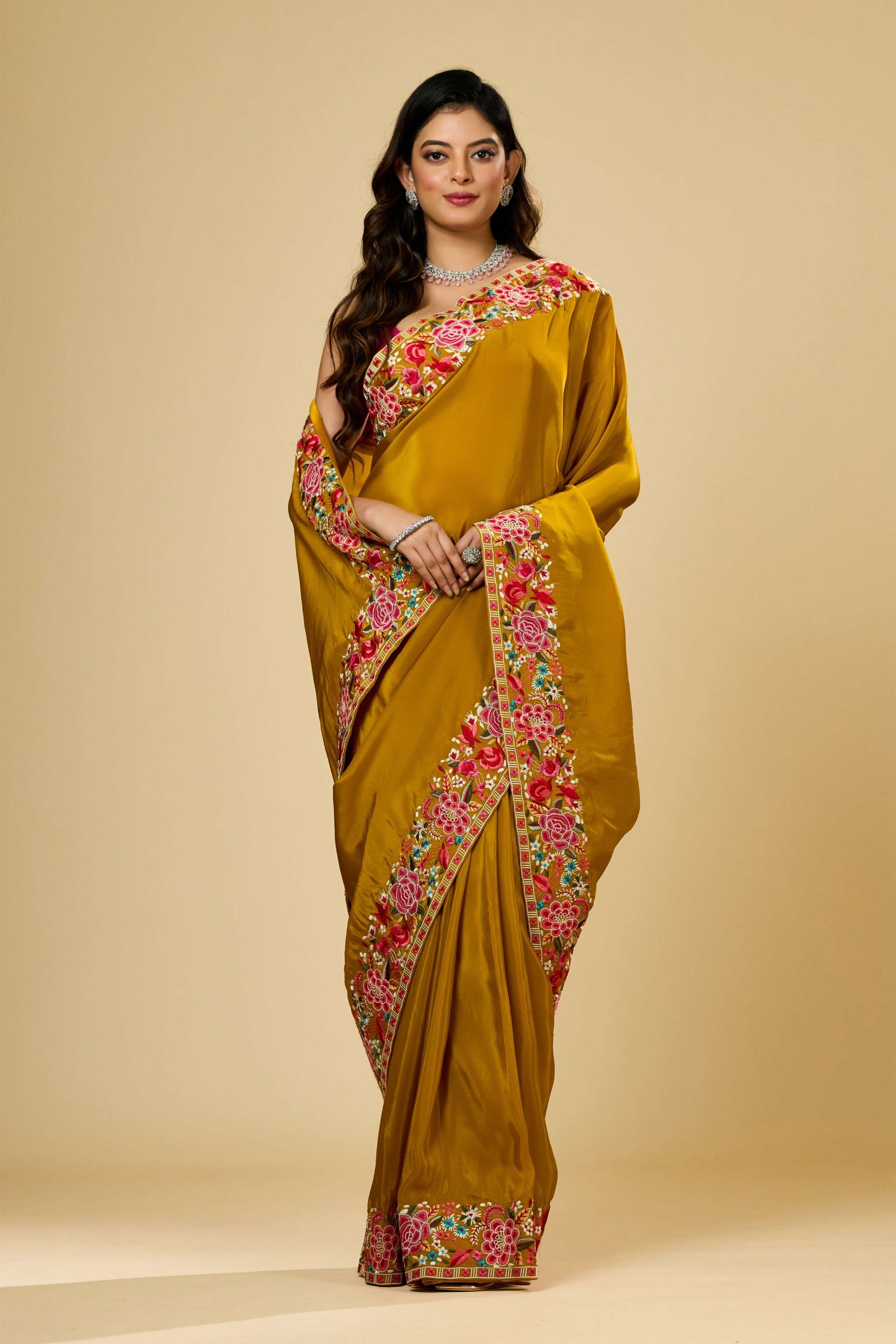 Yellow Embroidery Semi crepe Sarees 1007-10011