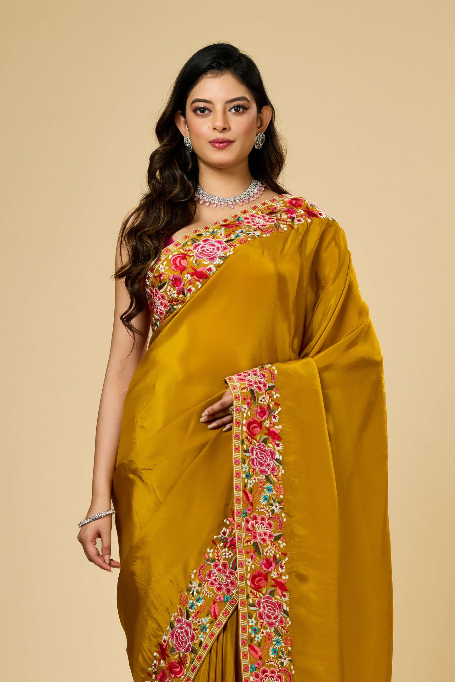Yellow Embroidery Semi crepe Sarees 1007-10011