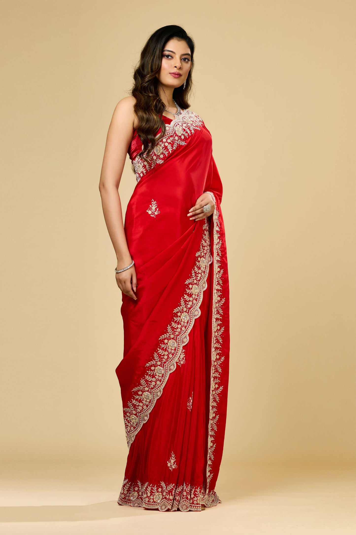 Red Pearlwork Semi crepe Sarees 1007-10005