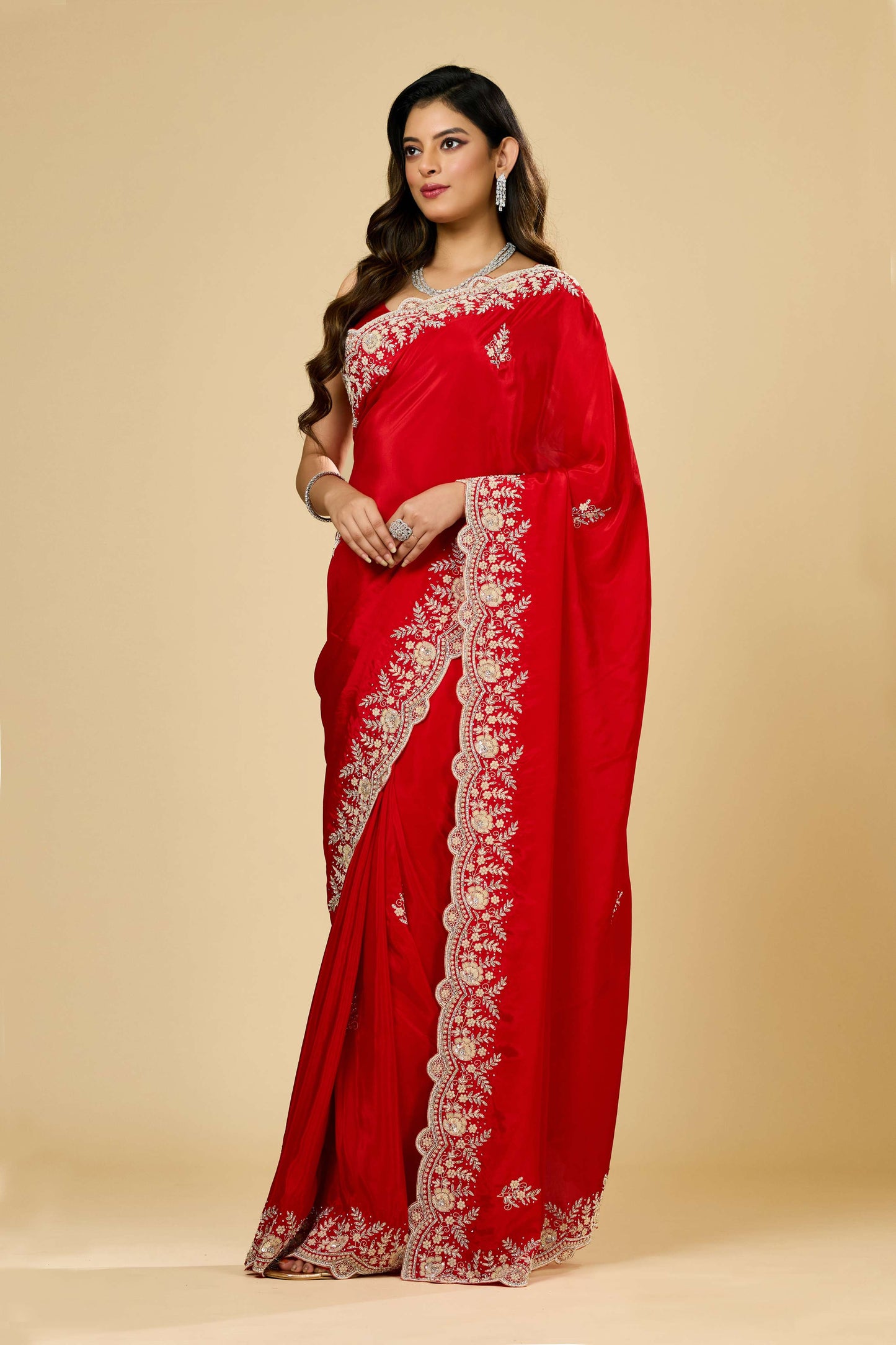 Red Pearlwork Semi crepe Sarees 1007-10005