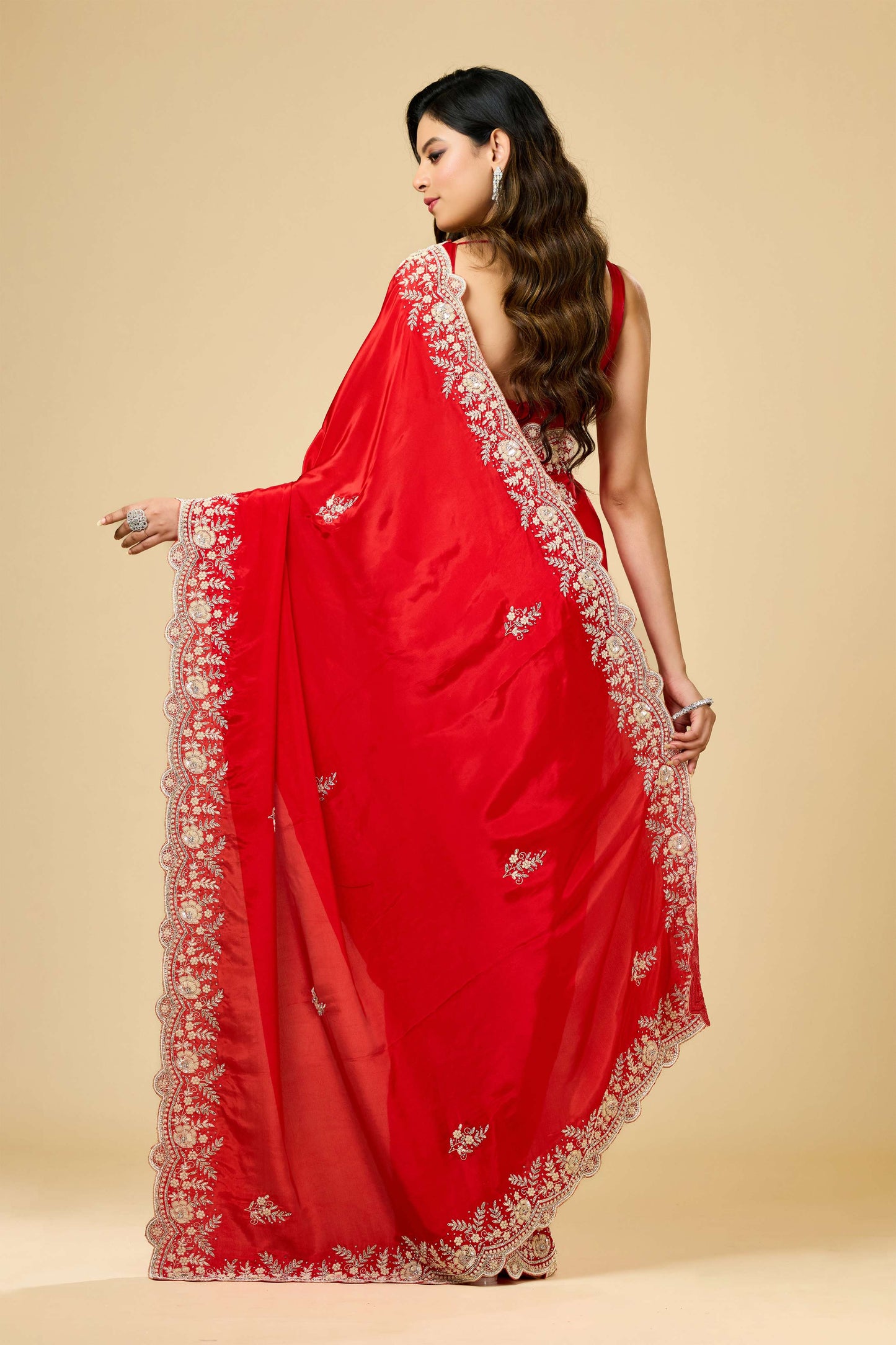 Red Pearlwork Semi crepe Sarees 1007-10005