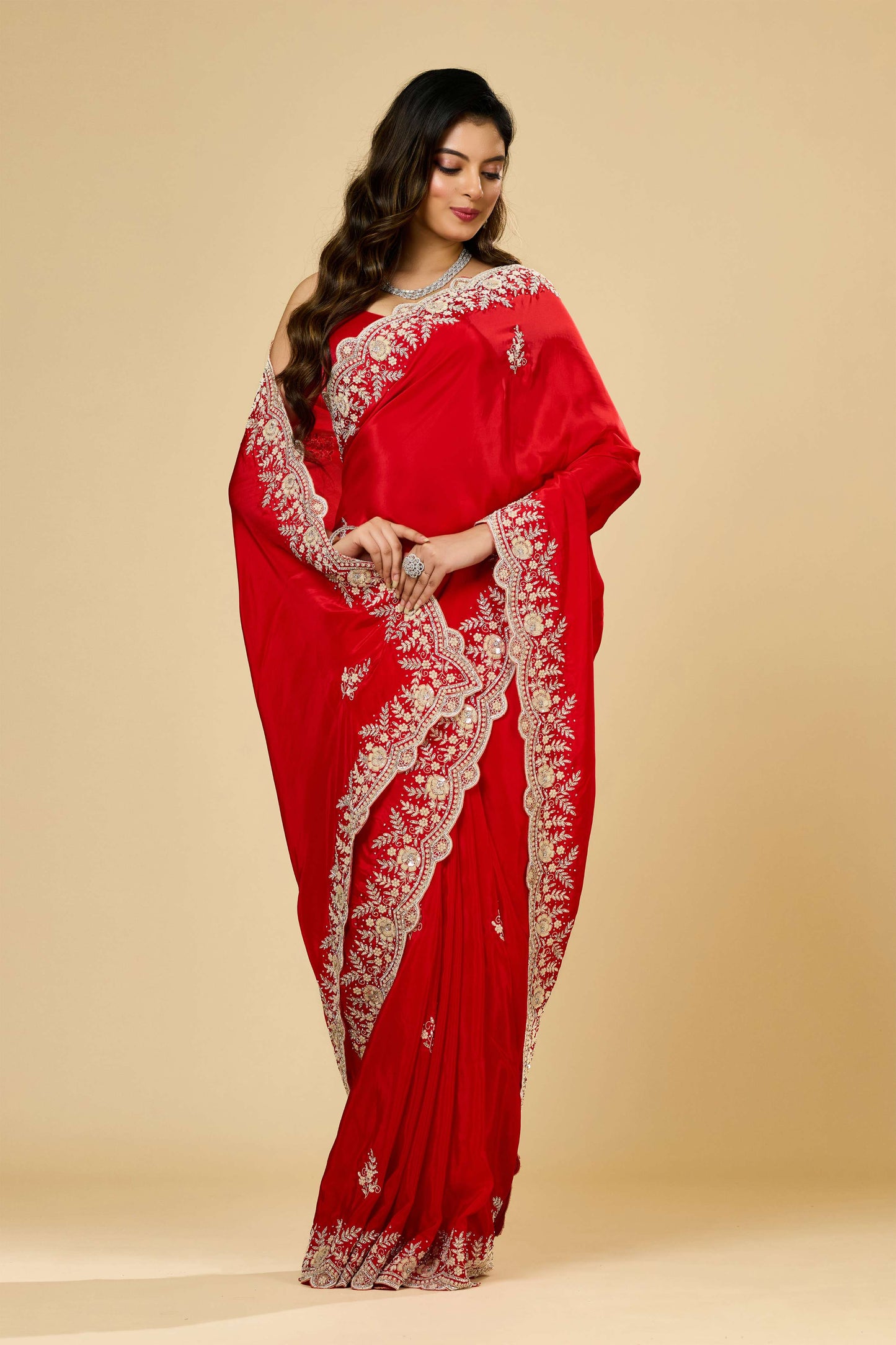 Red Pearlwork Semi crepe Sarees 1007-10005