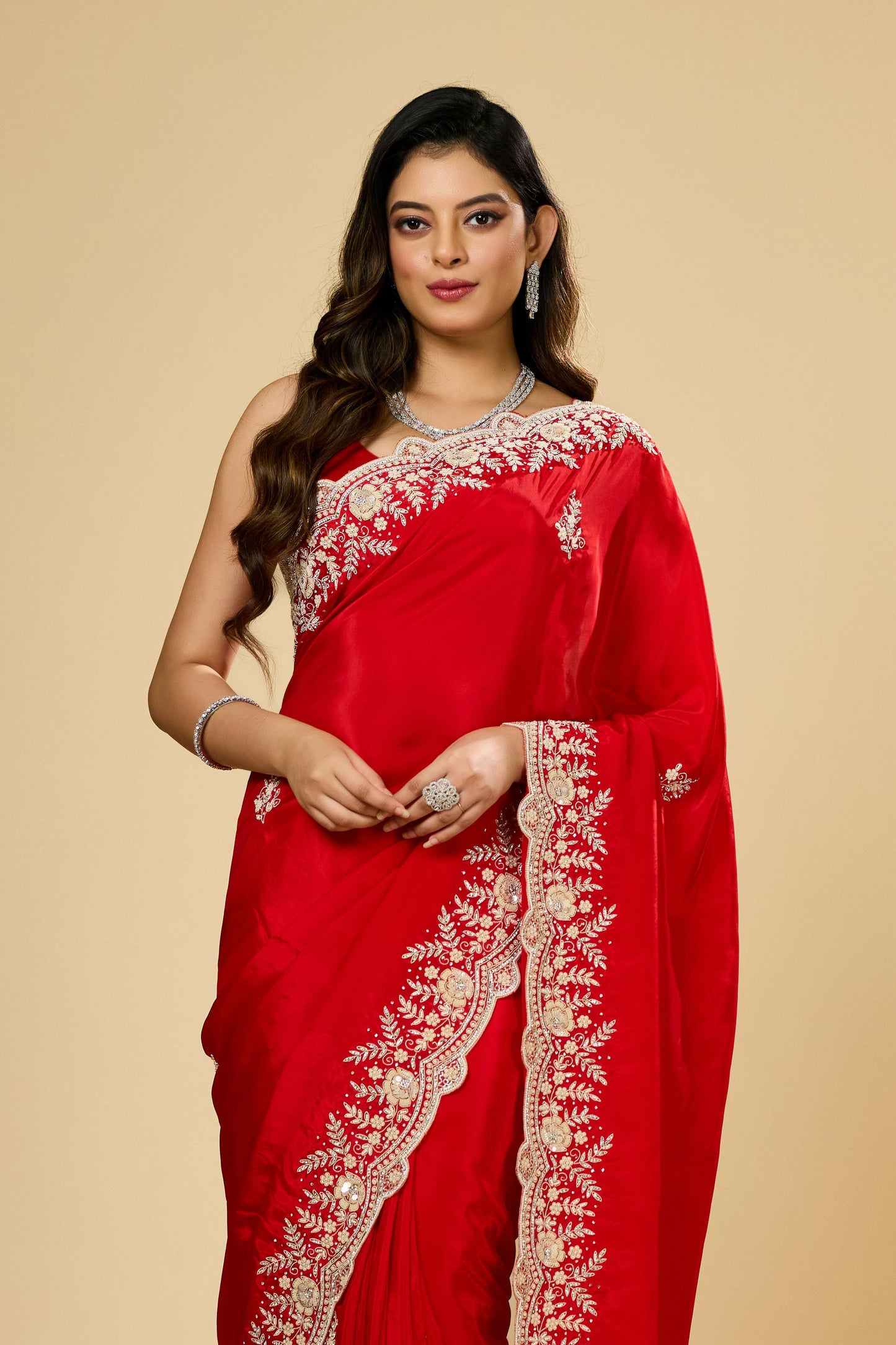 Red Pearlwork Semi crepe Sarees 1007-10005