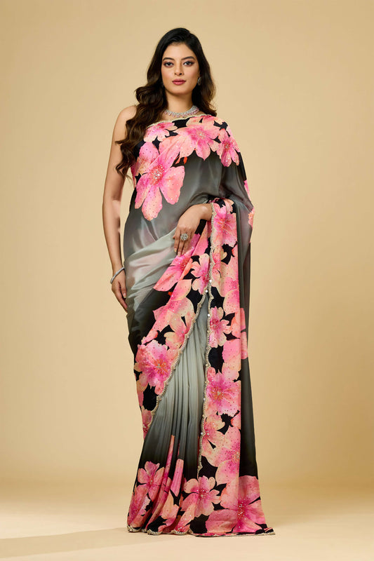 Printed Pearlwork Semi crepe Sarees 1011-10035