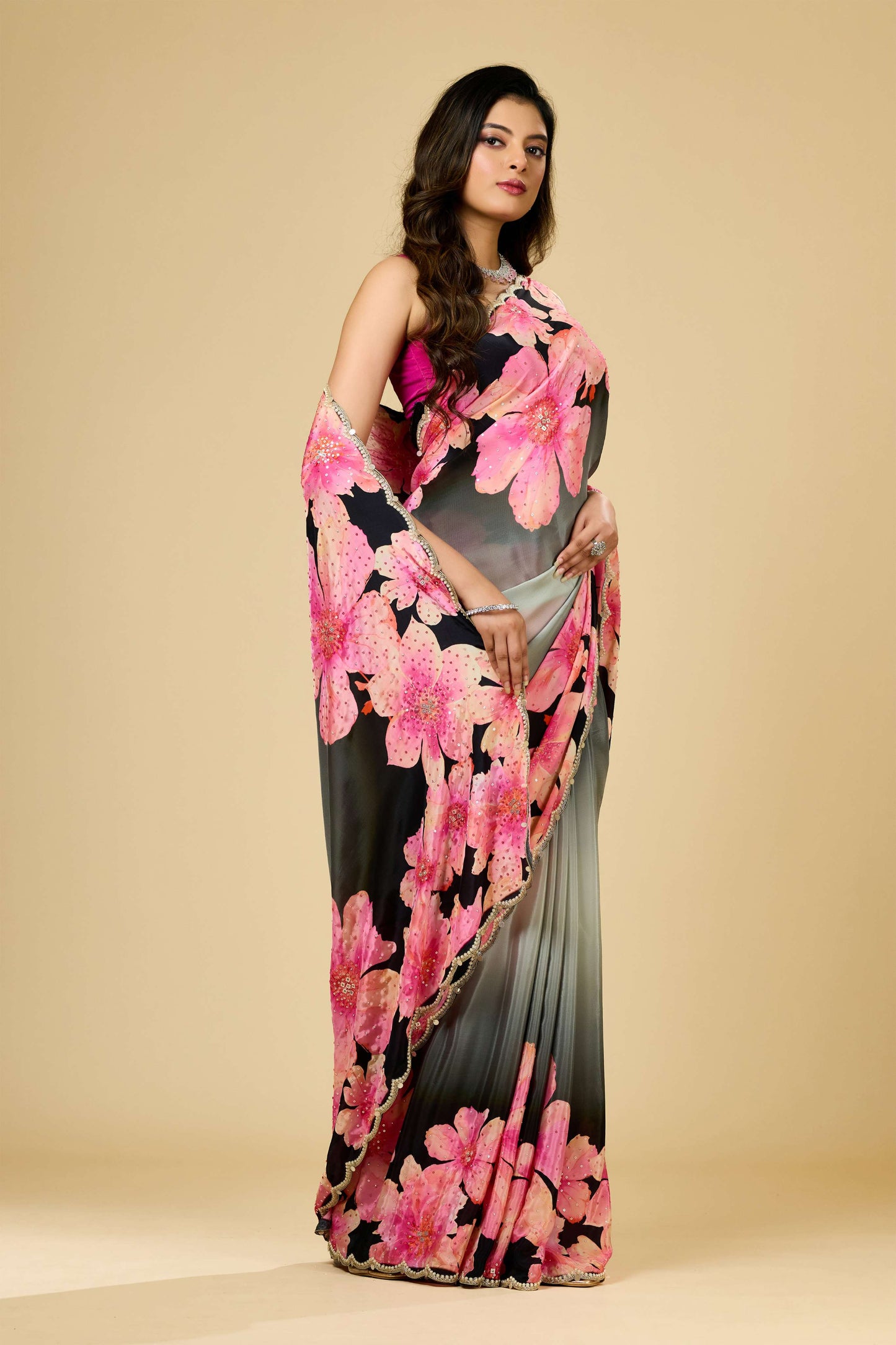 Printed Pearlwork Semi crepe Sarees 1011-10035
