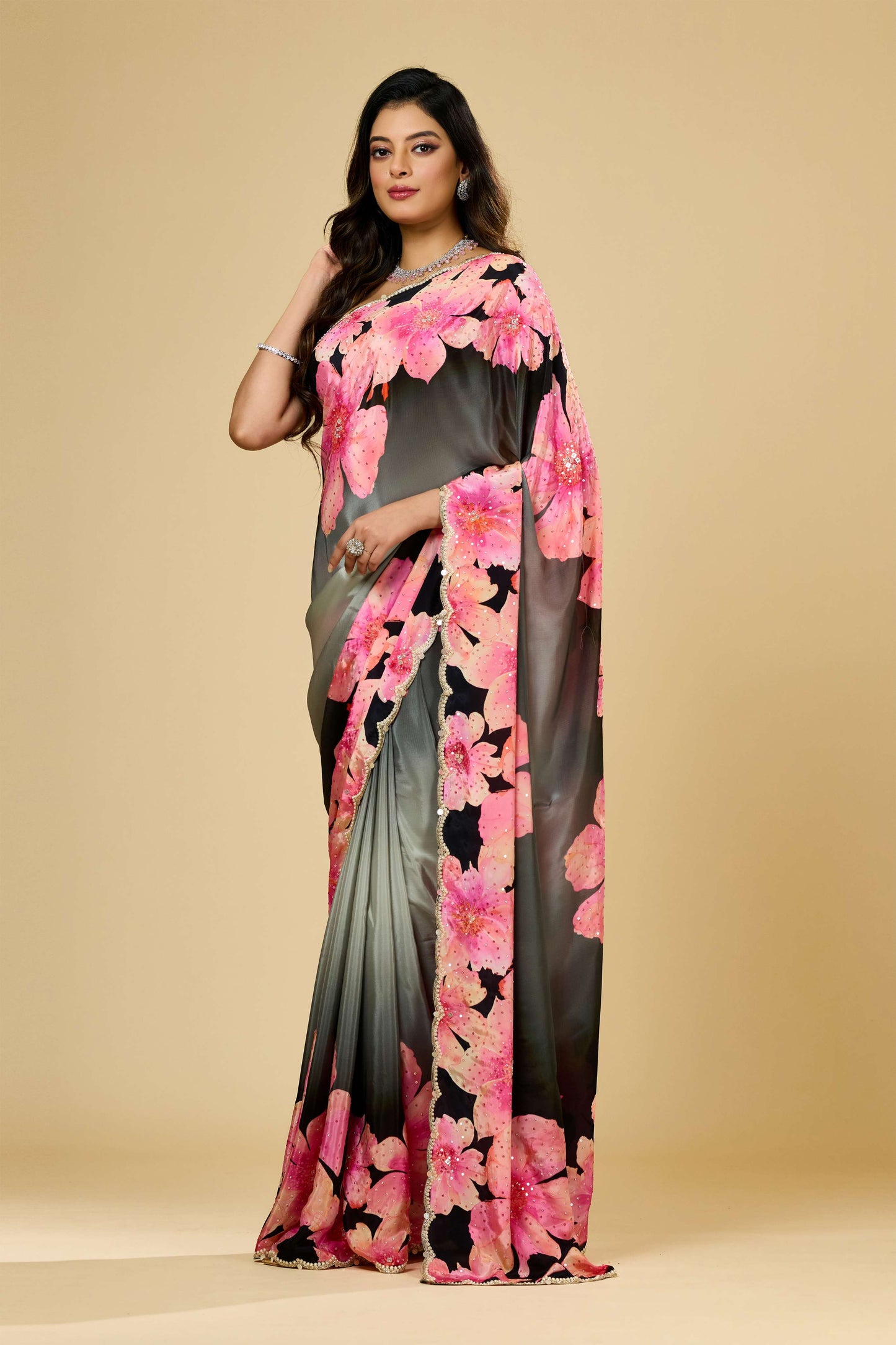 Printed Pearlwork Semi crepe Sarees 1011-10035