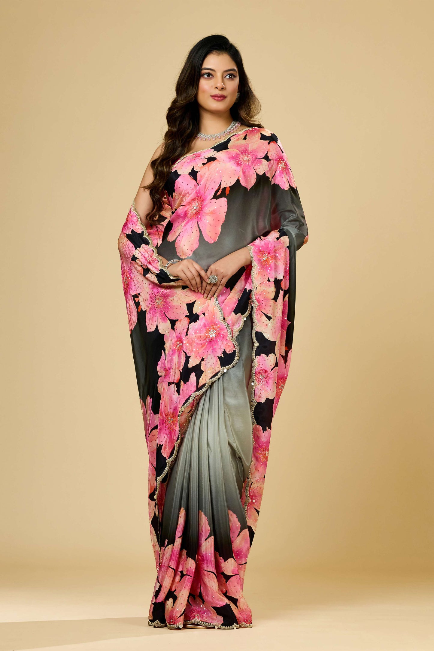 Printed Pearlwork Semi crepe Sarees 1011-10035