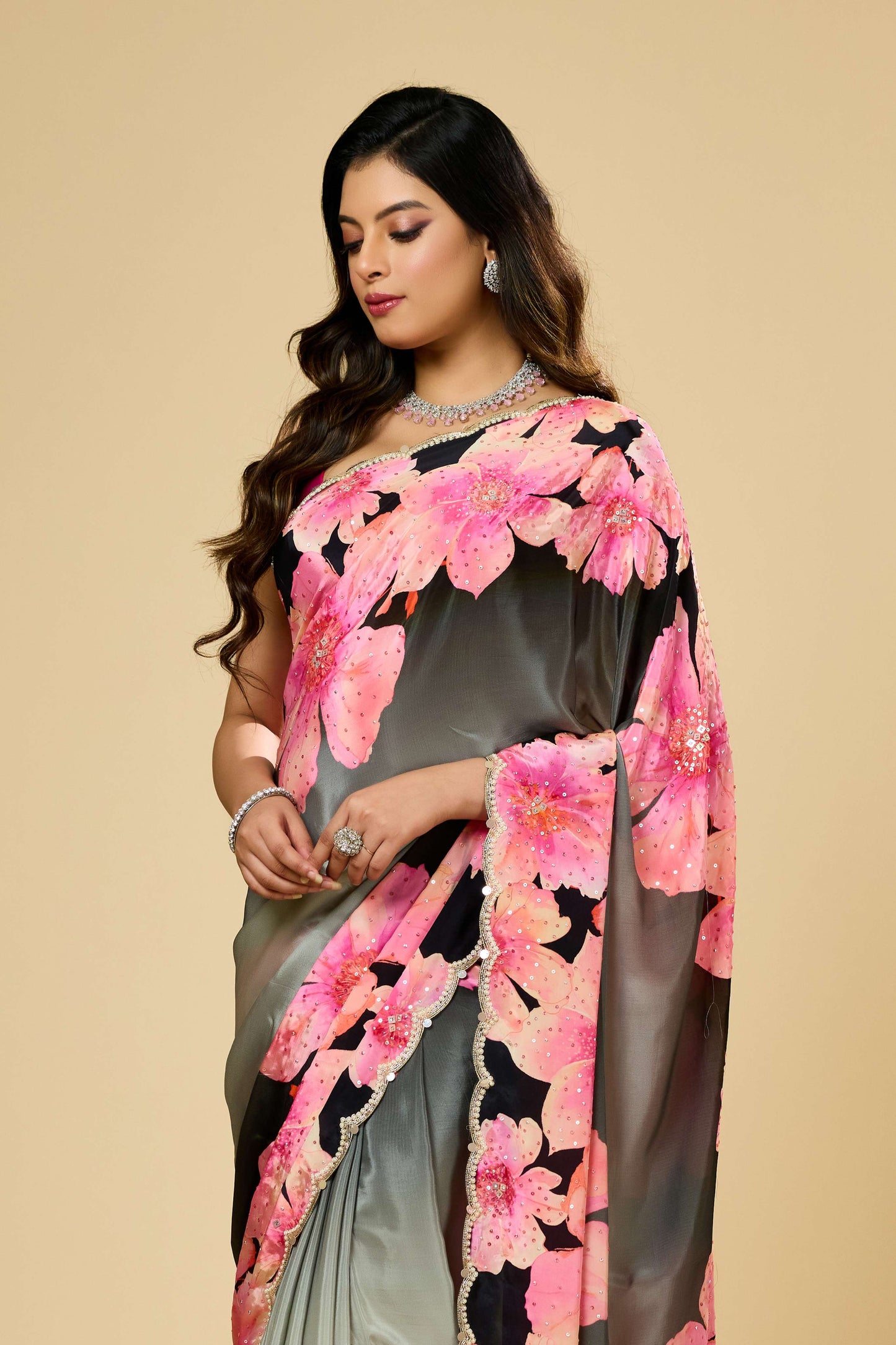 Printed Pearlwork Semi crepe Sarees 1011-10035