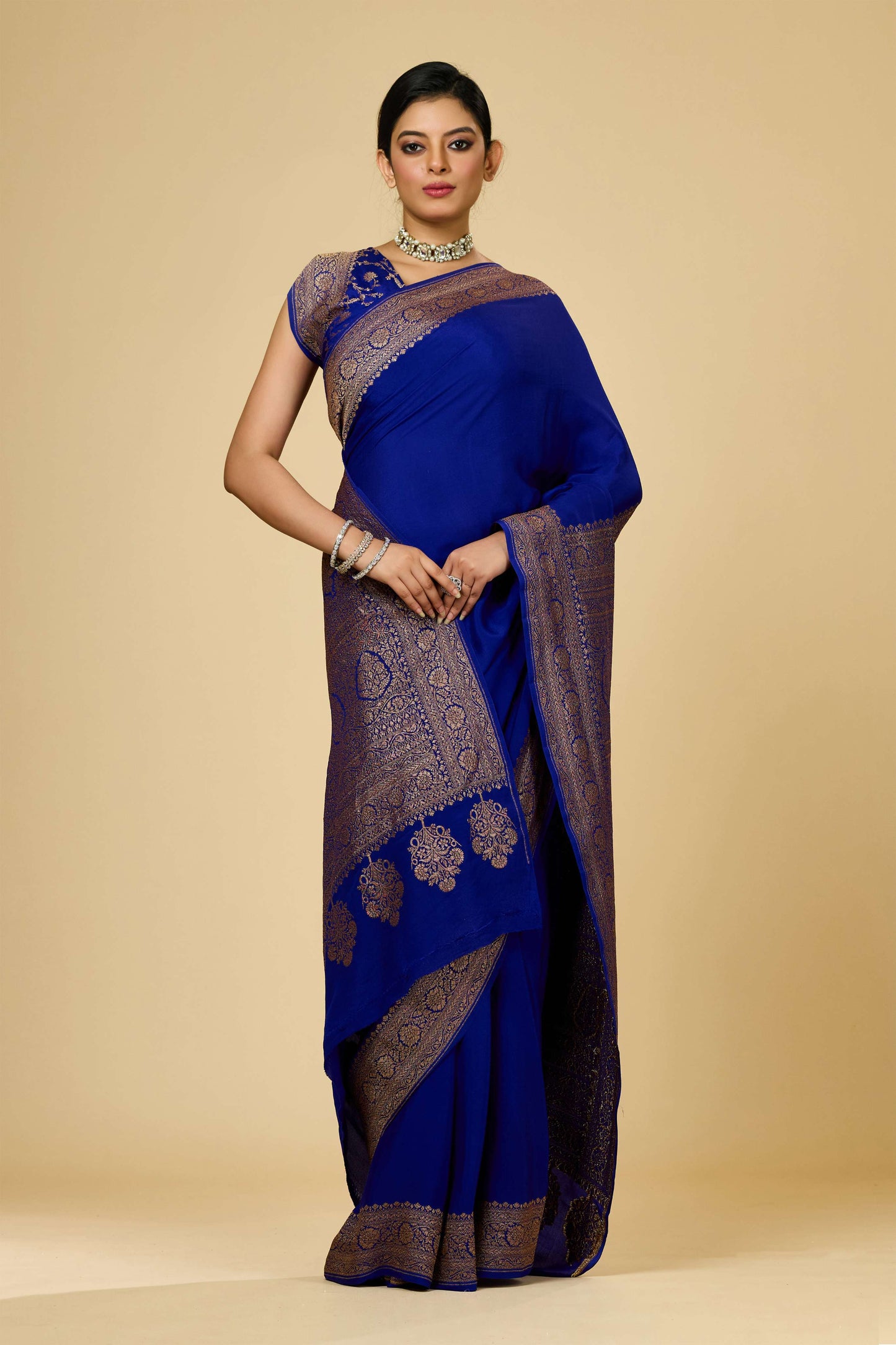 Blue Antique Zari weave Khadi semi crepe Sarees 1010-10026