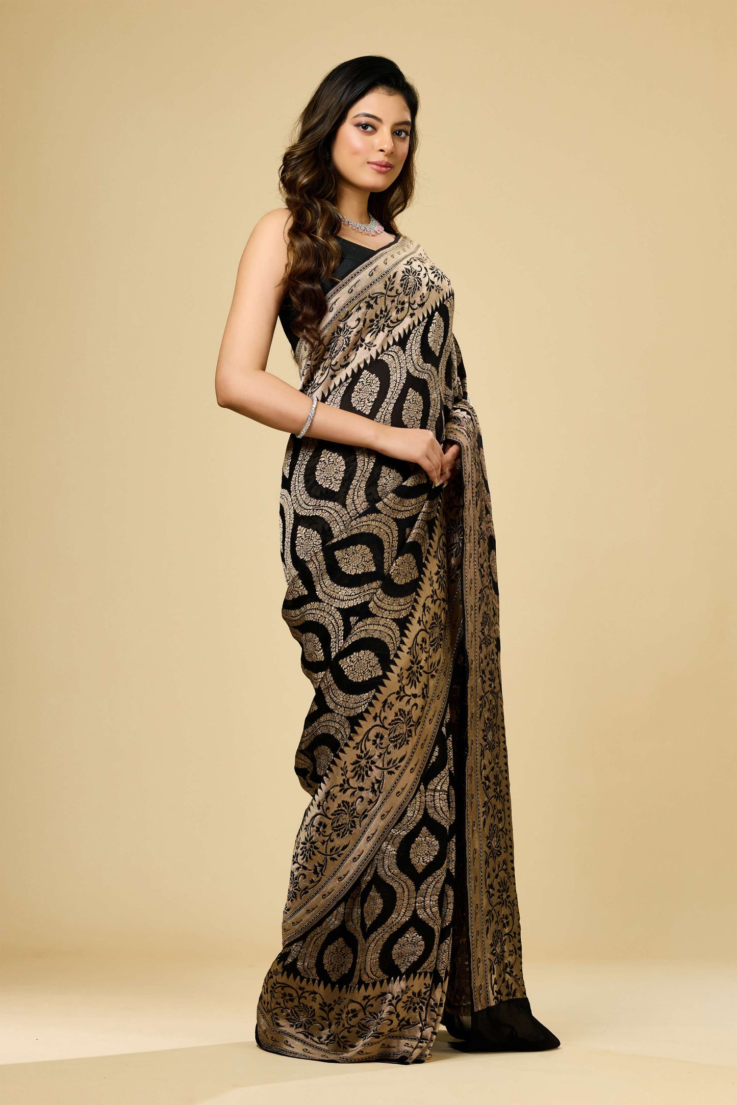 Black Golden Zari weave Khadi Georgette Sarees 1009-10025
