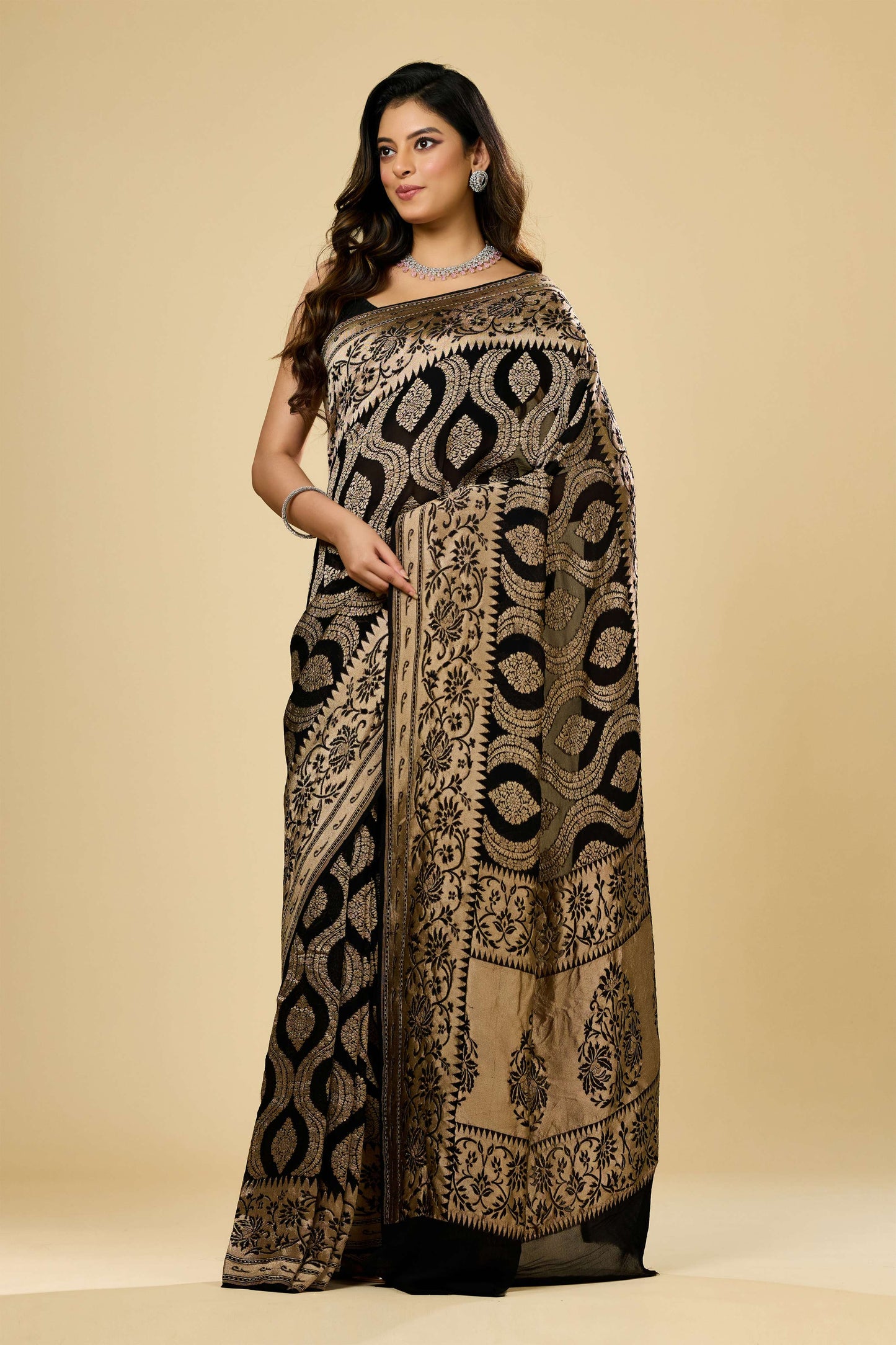 Black Golden Zari weave Khadi Georgette Sarees 1009-10025