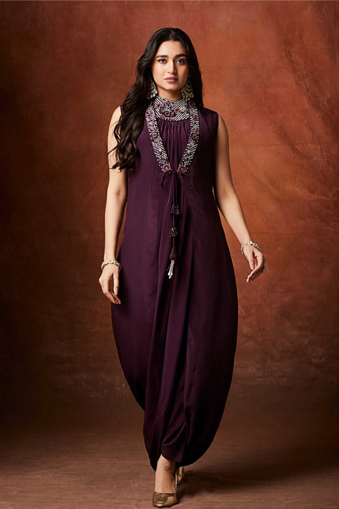 Wine Boolean work Satin Indo Western 1032-10142