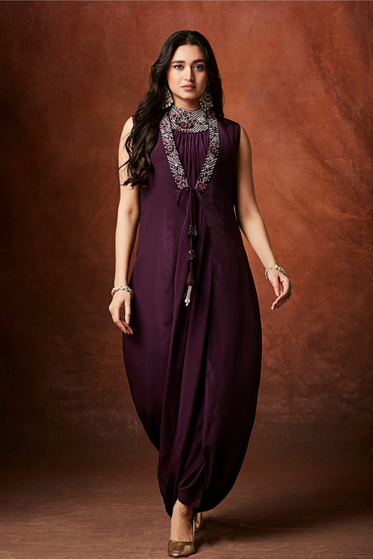 Wine Boolean work Satin  Indo Western 1032-10142