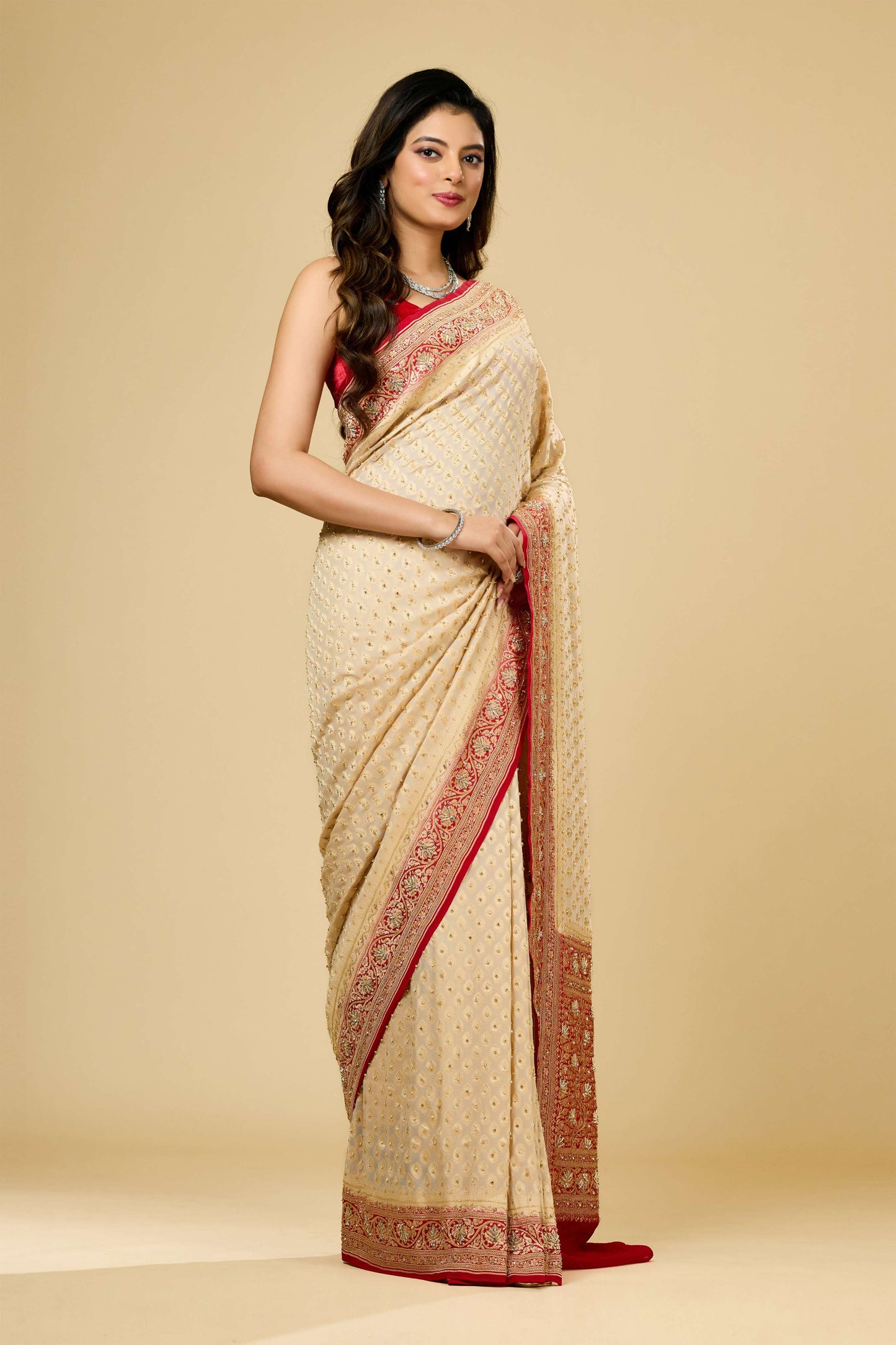 Beige Stonework (silver) Khadi Georgette Sarees 1010-10040