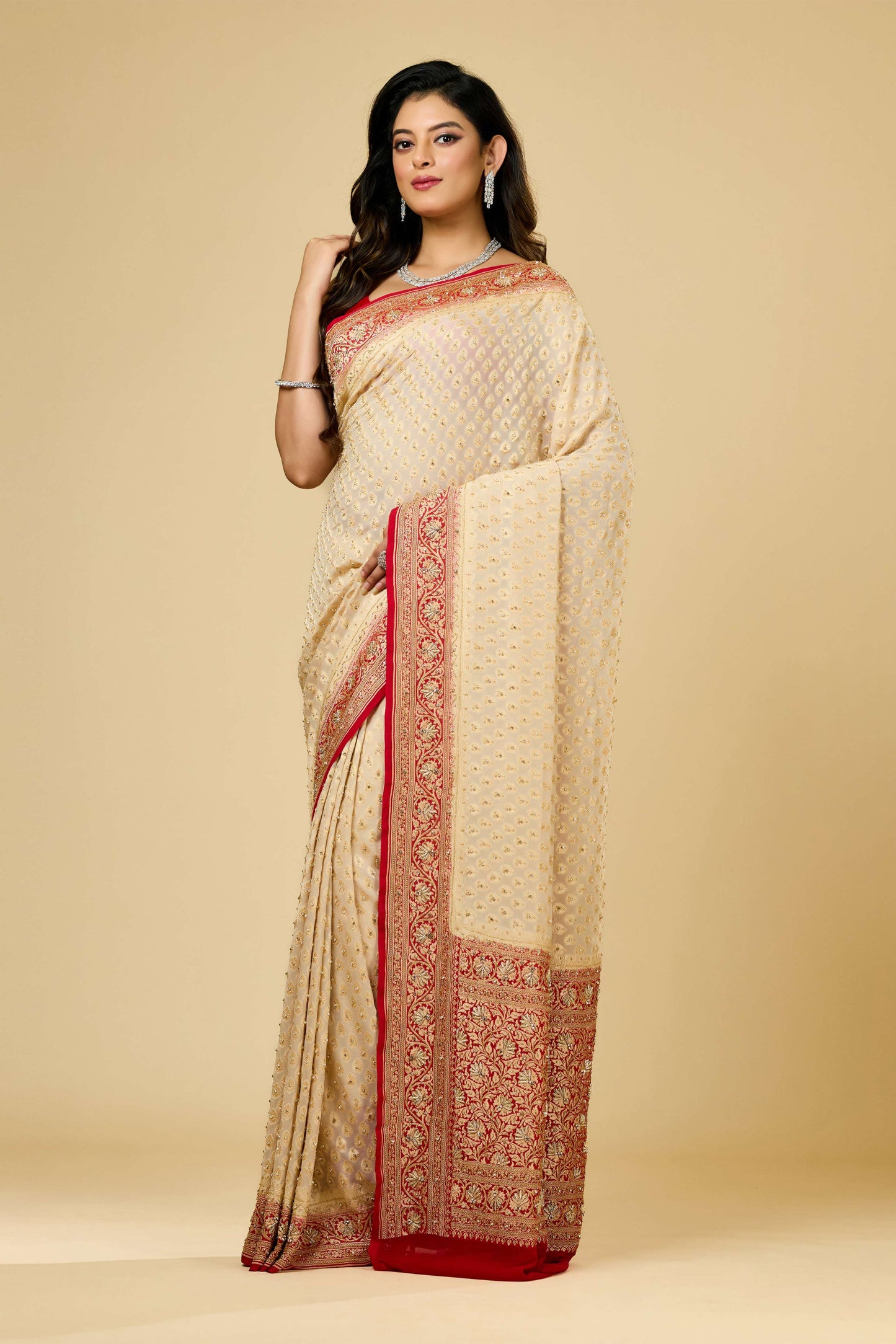 Beige Stonework (silver) Khadi Georgette Sarees 1010-10040