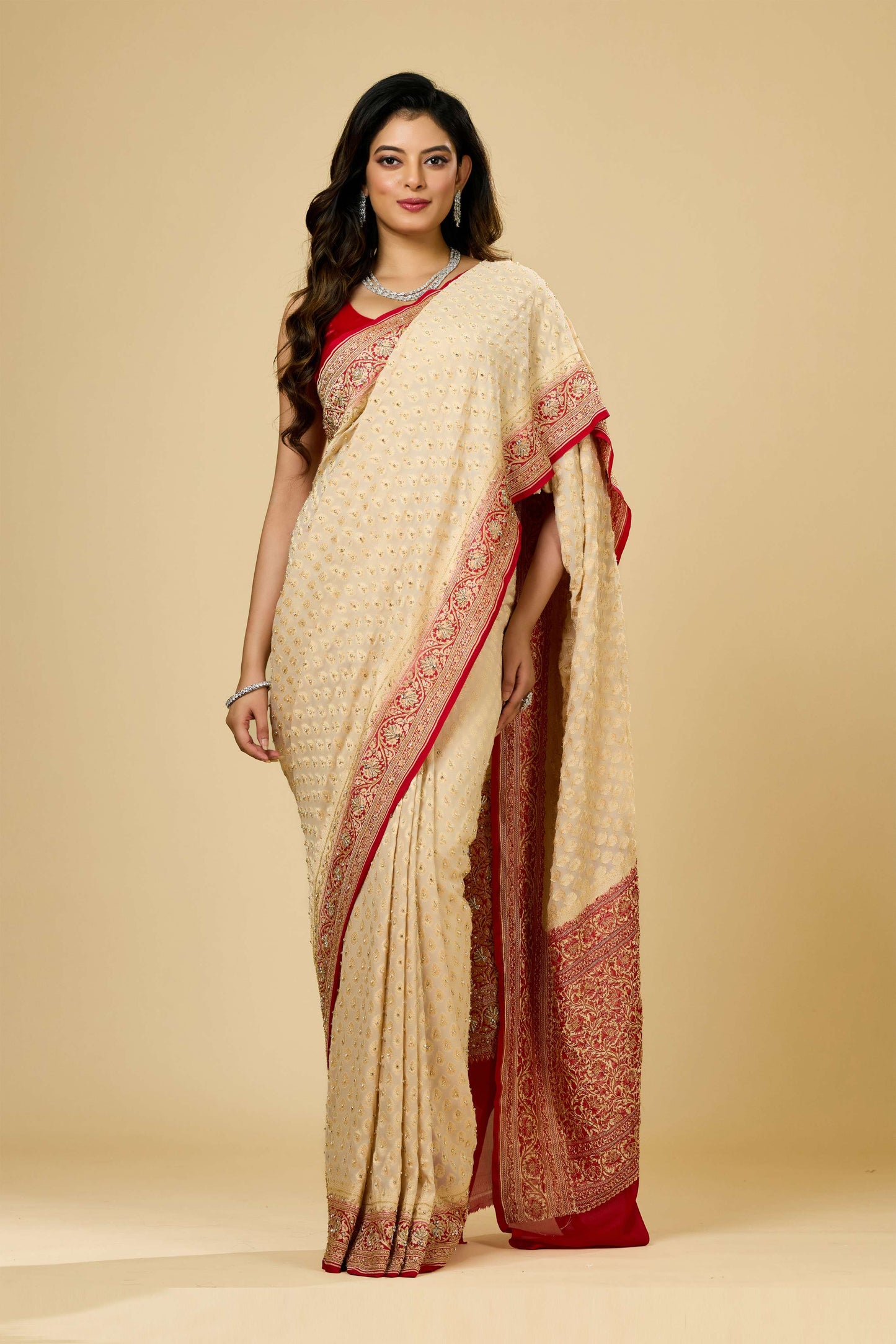 Beige Stonework (silver) Khadi Georgette Sarees 1010-10040