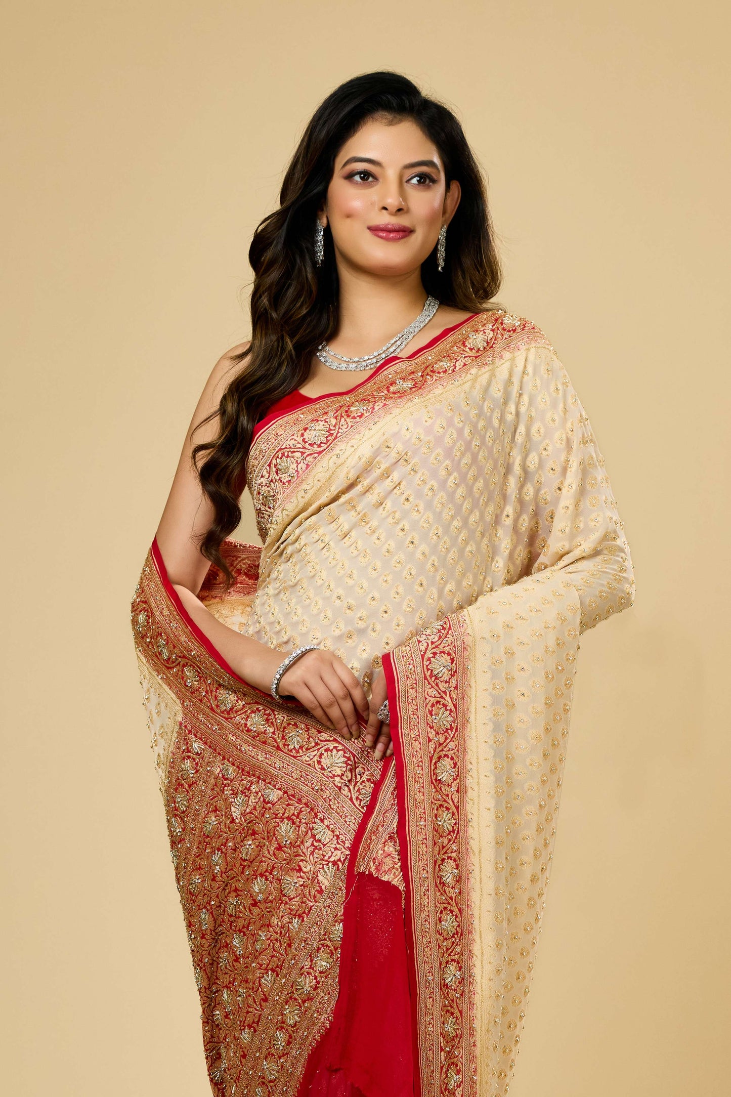 Beige Stonework (silver) Khadi Georgette Sarees 1010-10040