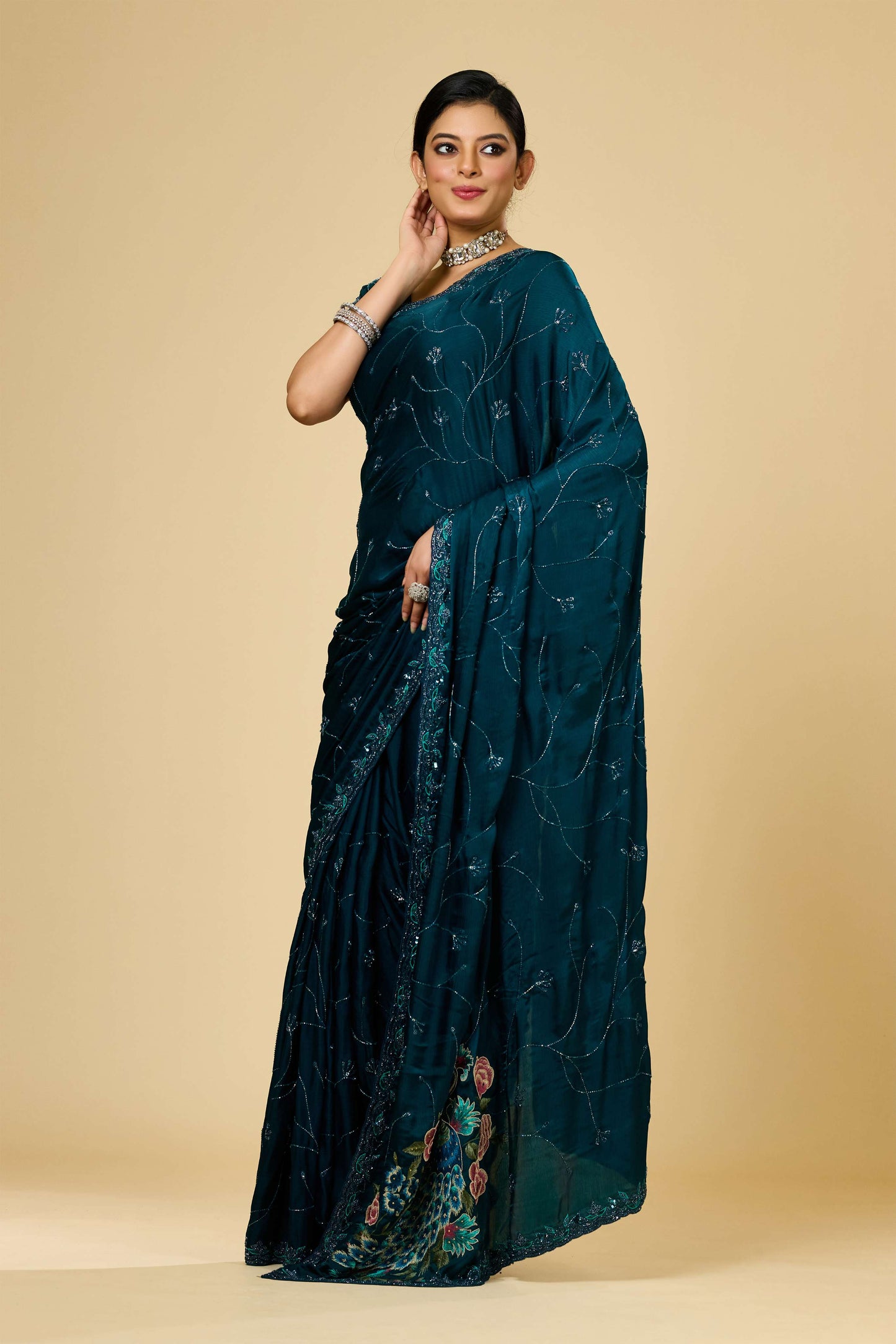 Indigo Embroidery Chinon Sarees 1007-10009