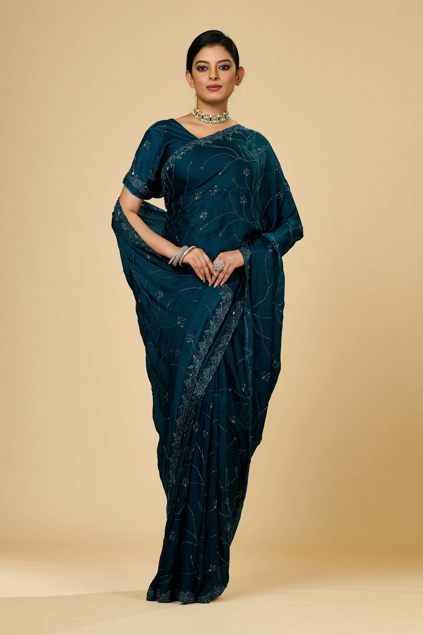 Indigo Embroidery Chinon Sarees 1007-10009