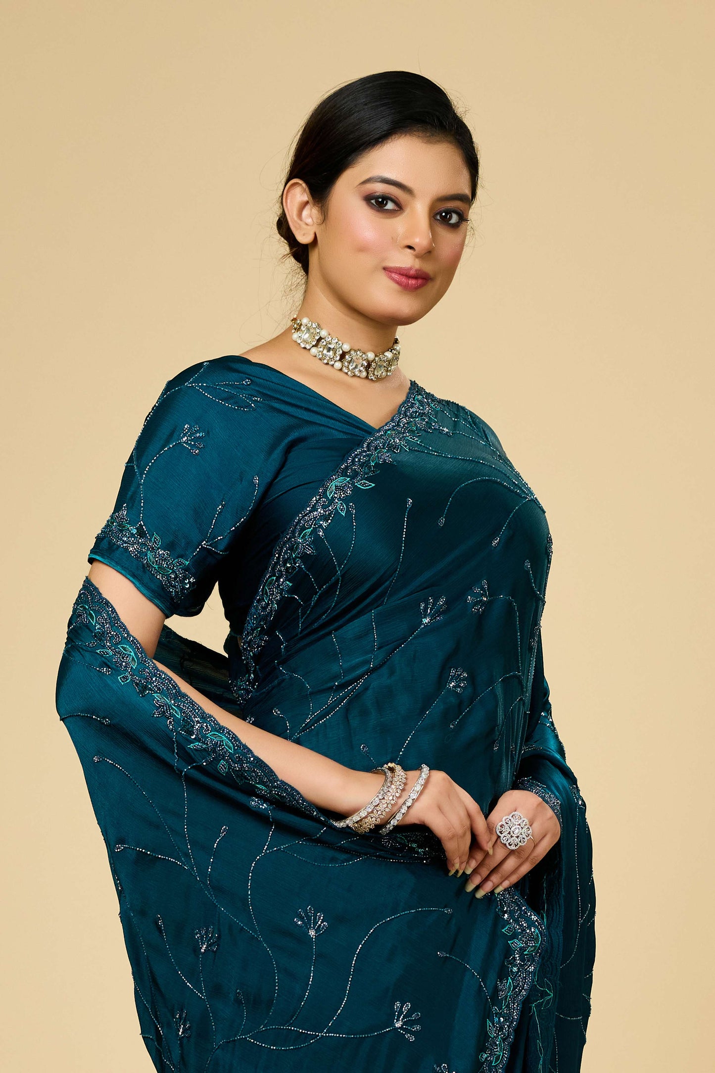 Indigo Embroidery Chinon Sarees 1007-10009