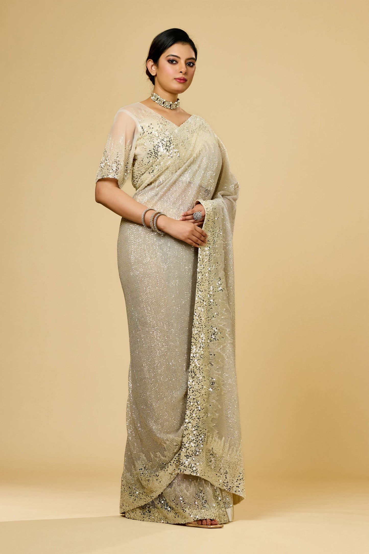 Cream Cut Dana Net Sarees 1003-10020